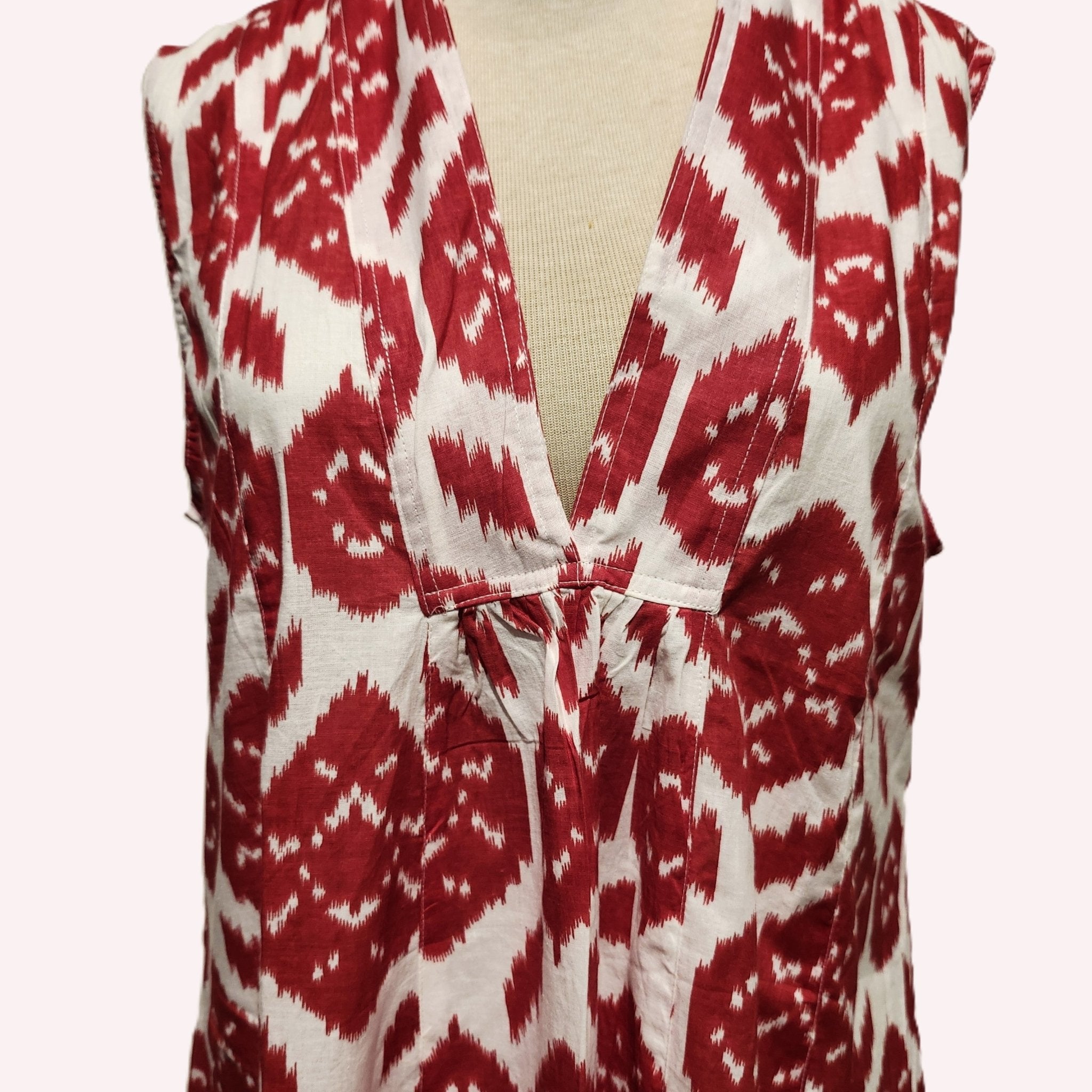 May red ikat block-print cotton dress, can be belted