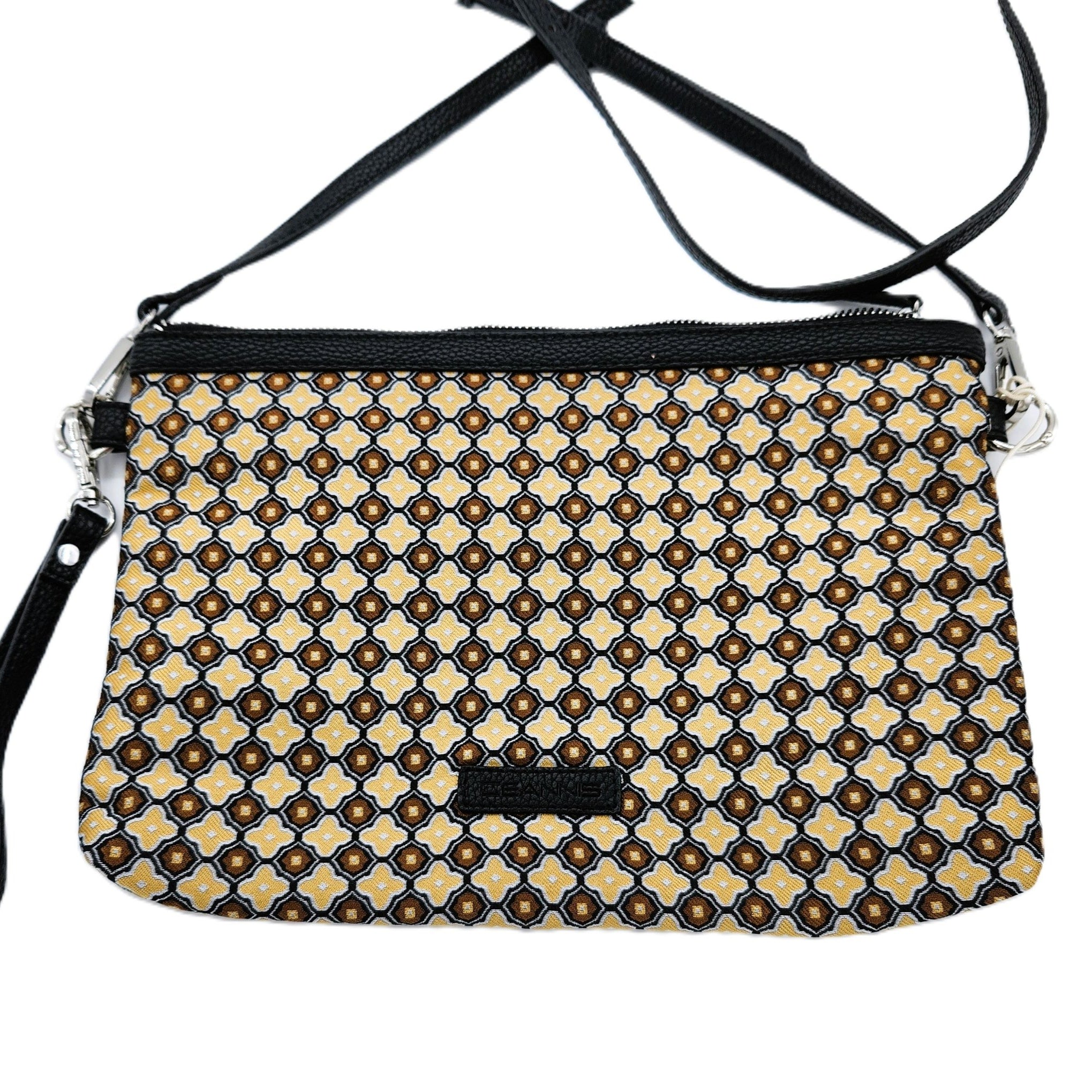 Mosaic flat bag in beige, printed silk with leather strap, 30 x 21 cm