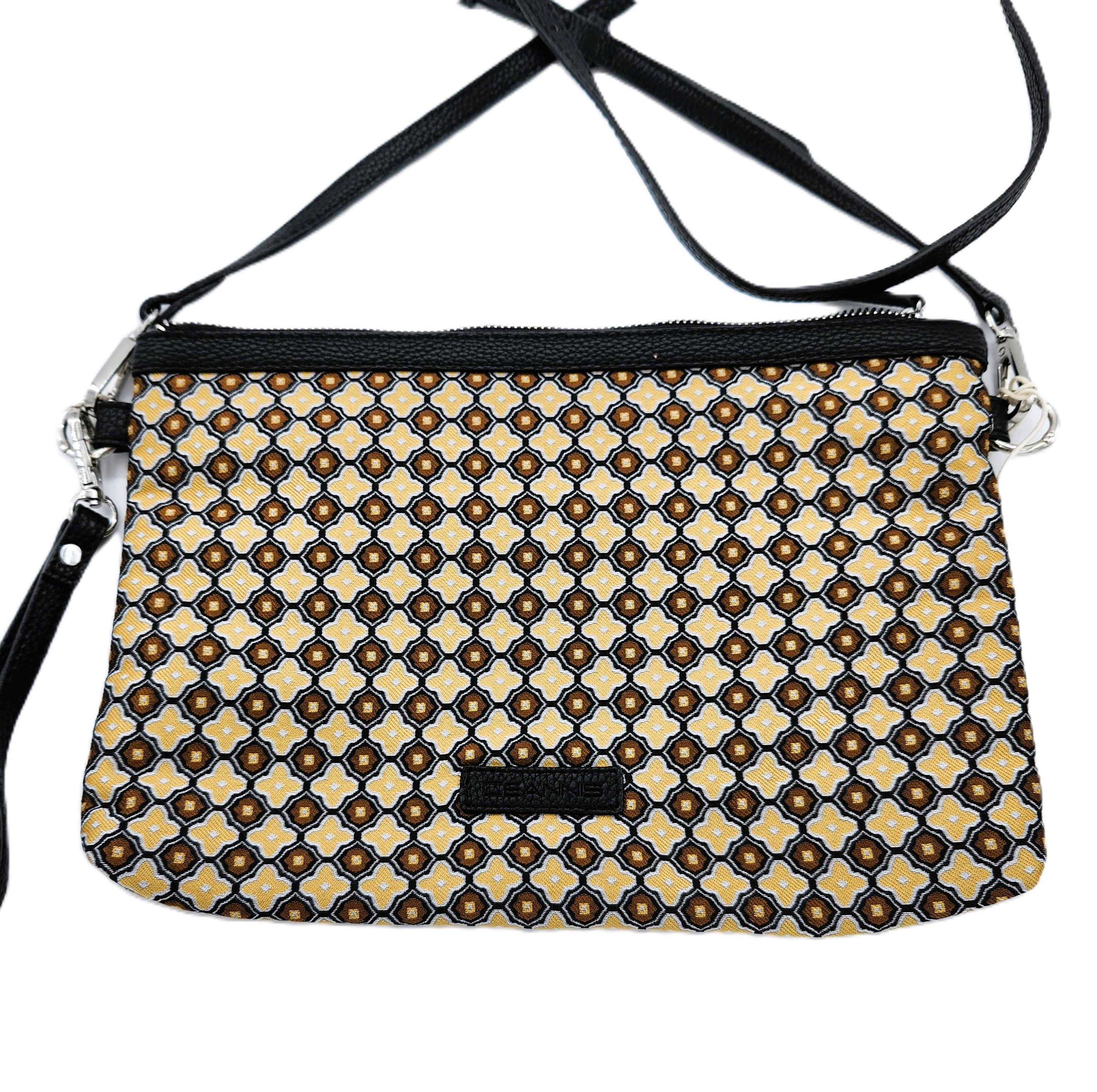Mosaic flat bag in beige, printed silk with leather strap, 30 x 21 cm