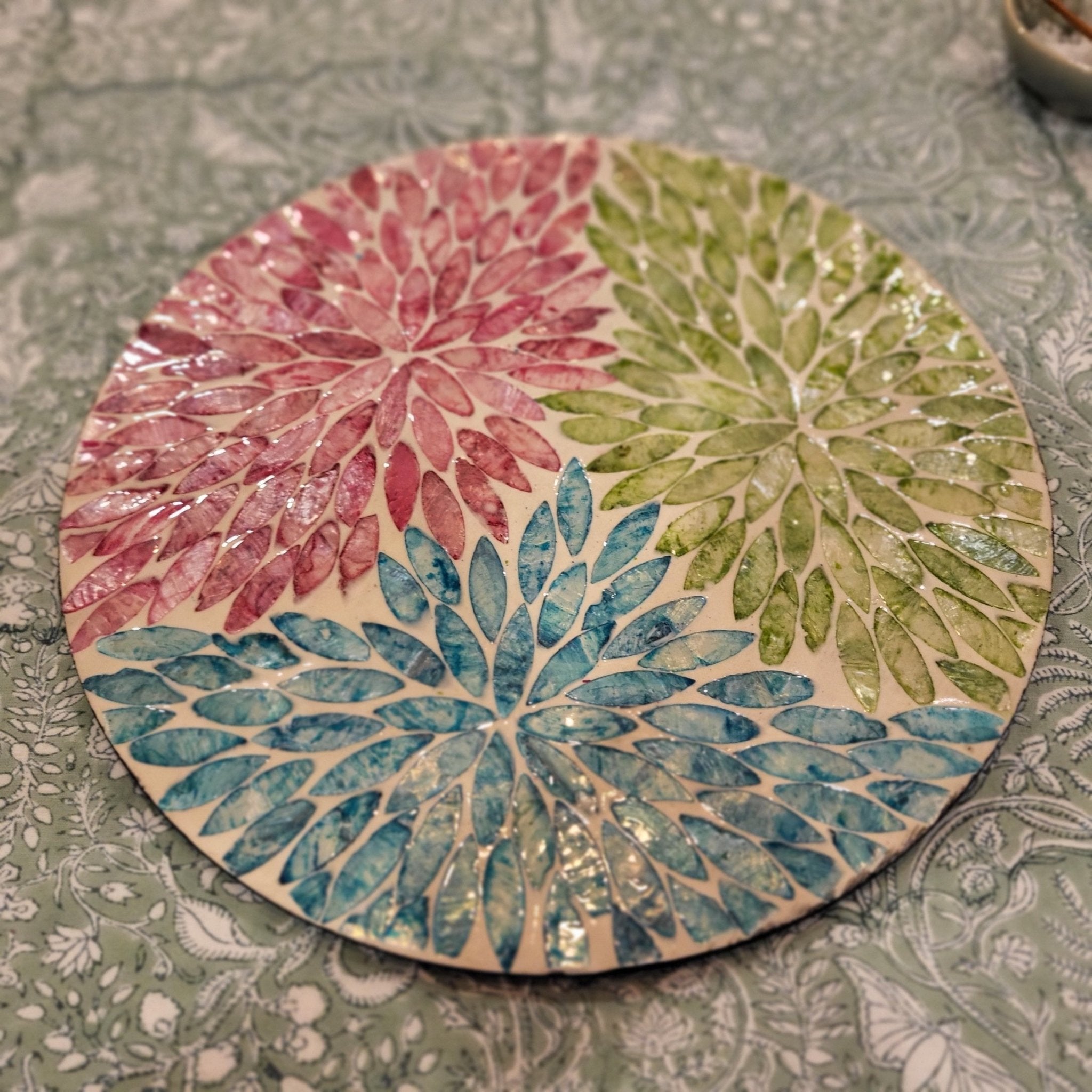 Mother of pearl place mat, turquoise, green and red inlay, handmade