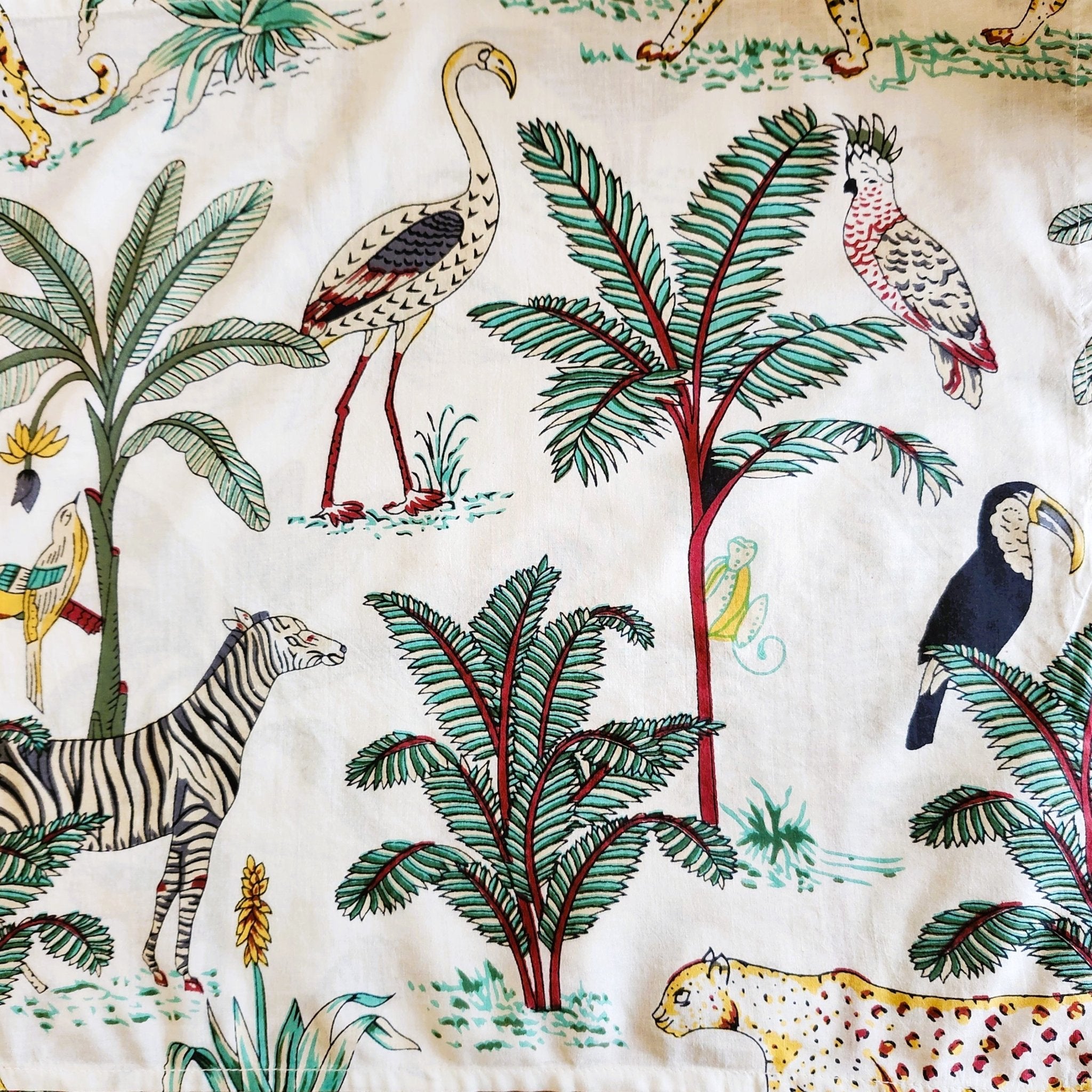 Safari print cotton napkins, set of 2 with zebras, leopards and palms, 45cm, machine washable