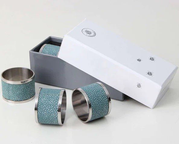 Teal faux shagreen napkin ring, 5 cm diameter x 4 cm, stainless steel detail