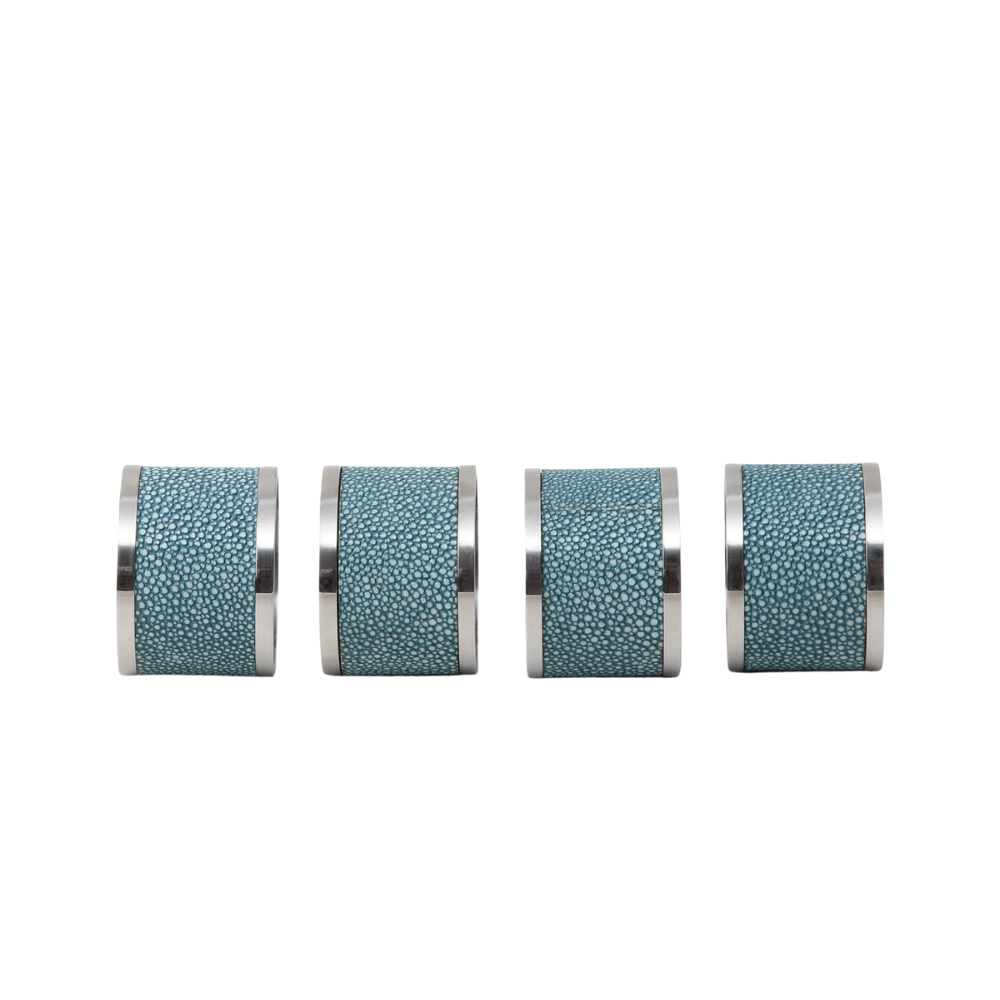 Teal faux shagreen napkin rings by Forwood Design, set of 4, showing all four rings