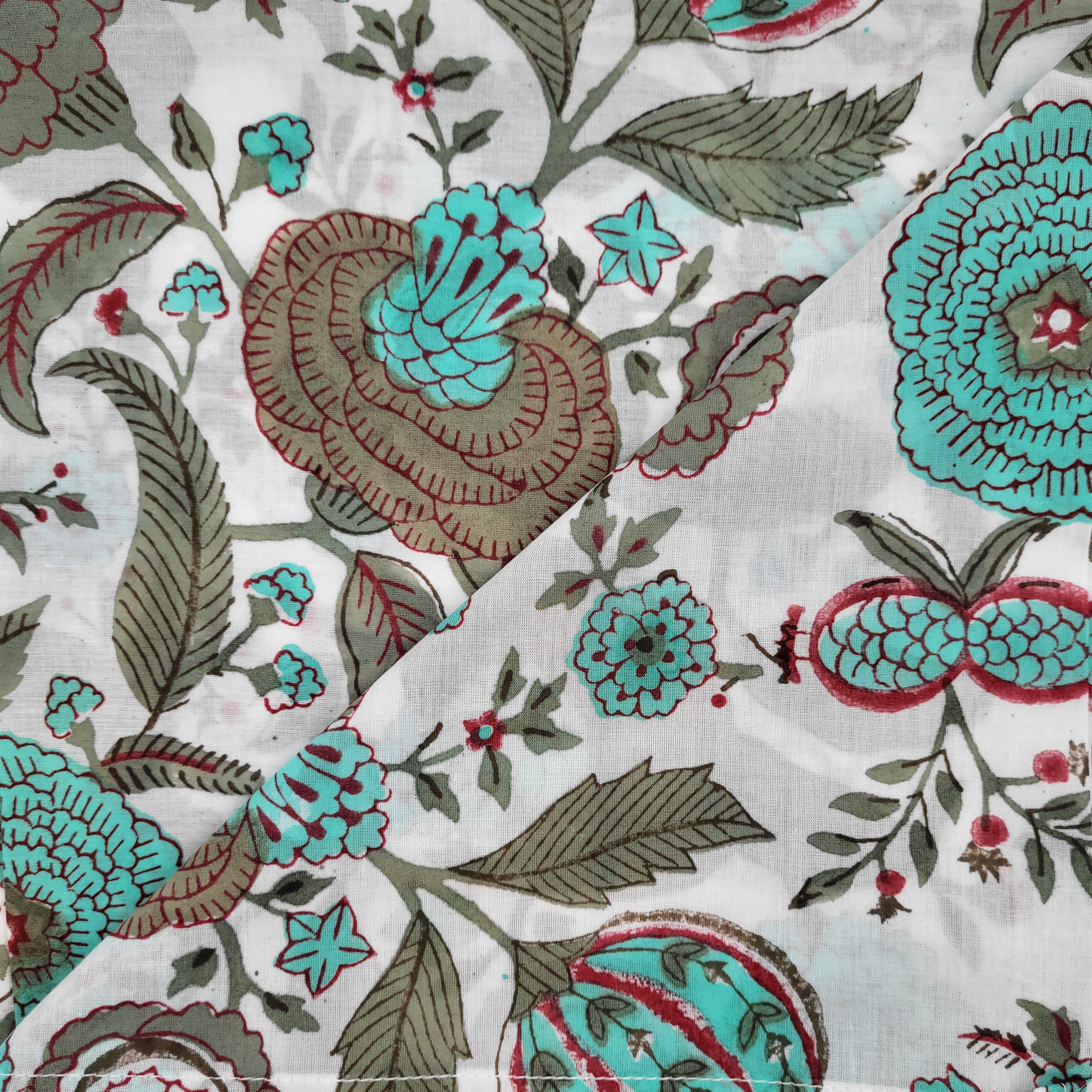 Turquoise pomegranate block-print cotton napkins, 50 cm