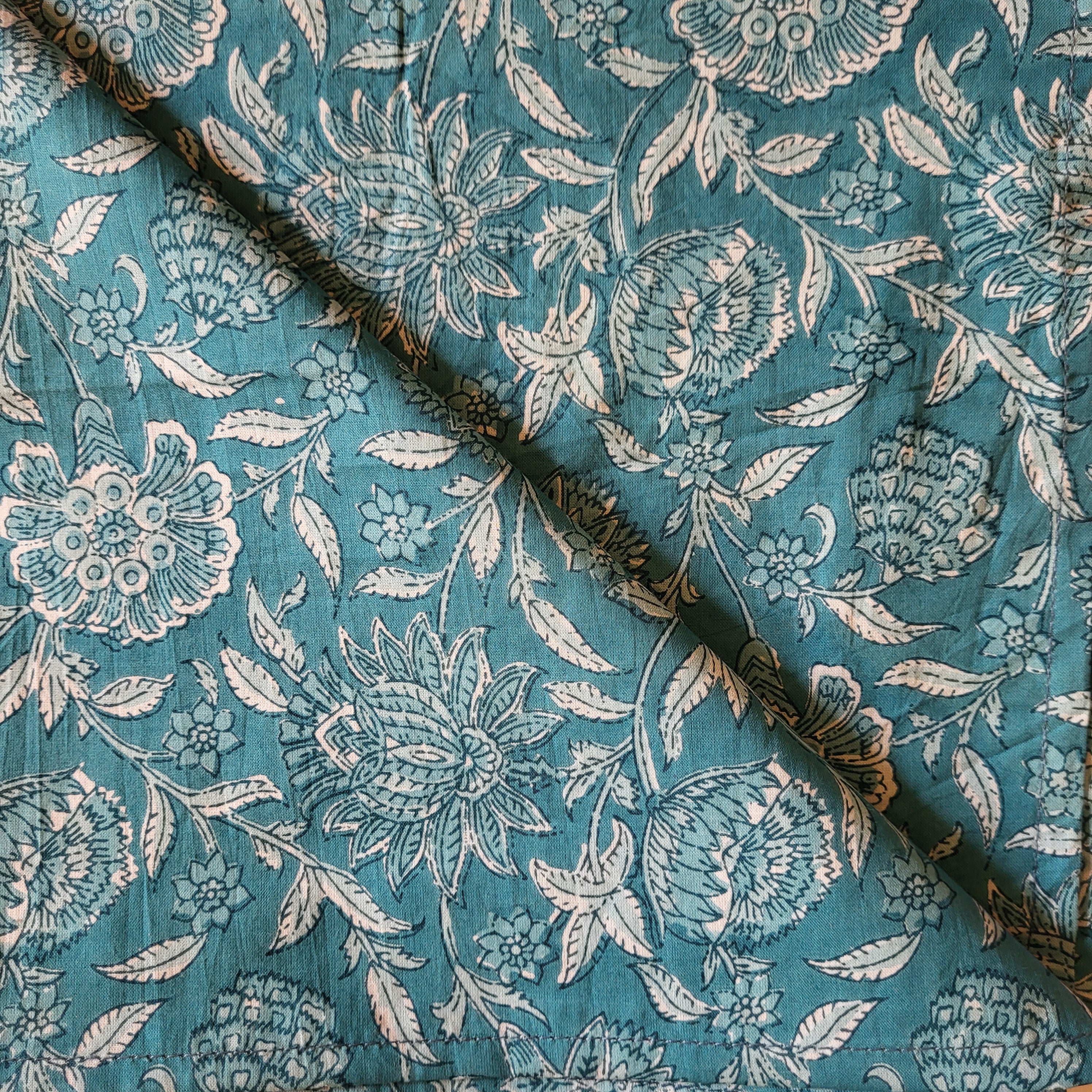 Teal floral block-print cotton napkins, set of 2, 50 cm