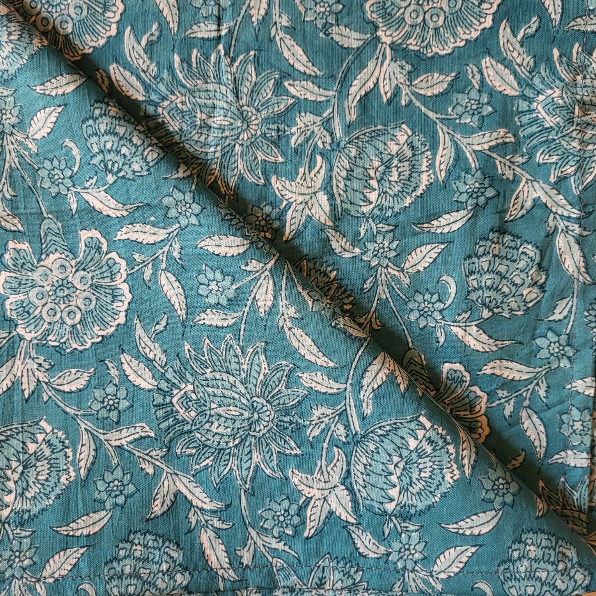 Teal floral block-print cotton napkins, set of 2, 50 cm