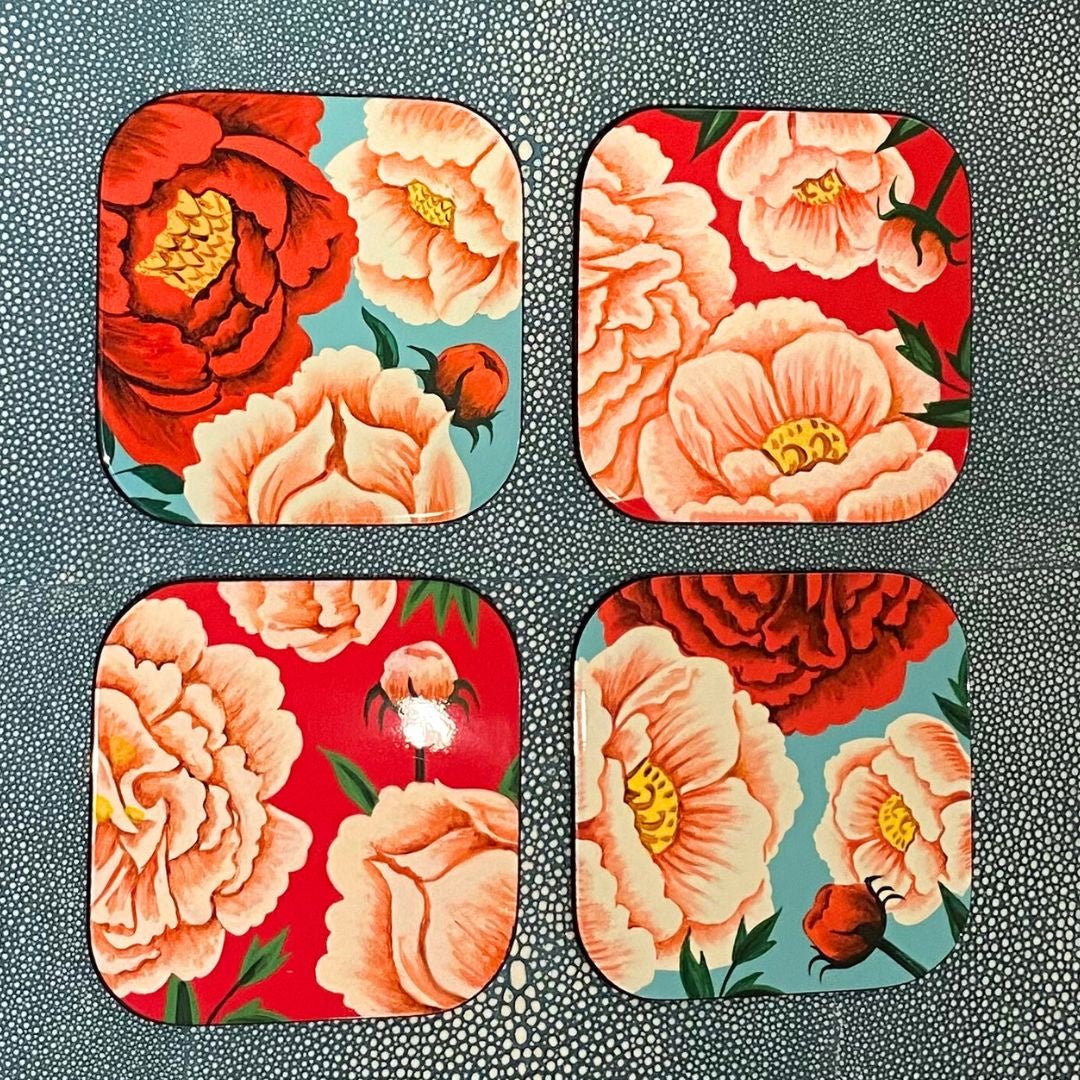 Lacquer coasters with peony design, set of four, hand-painted, high-gloss