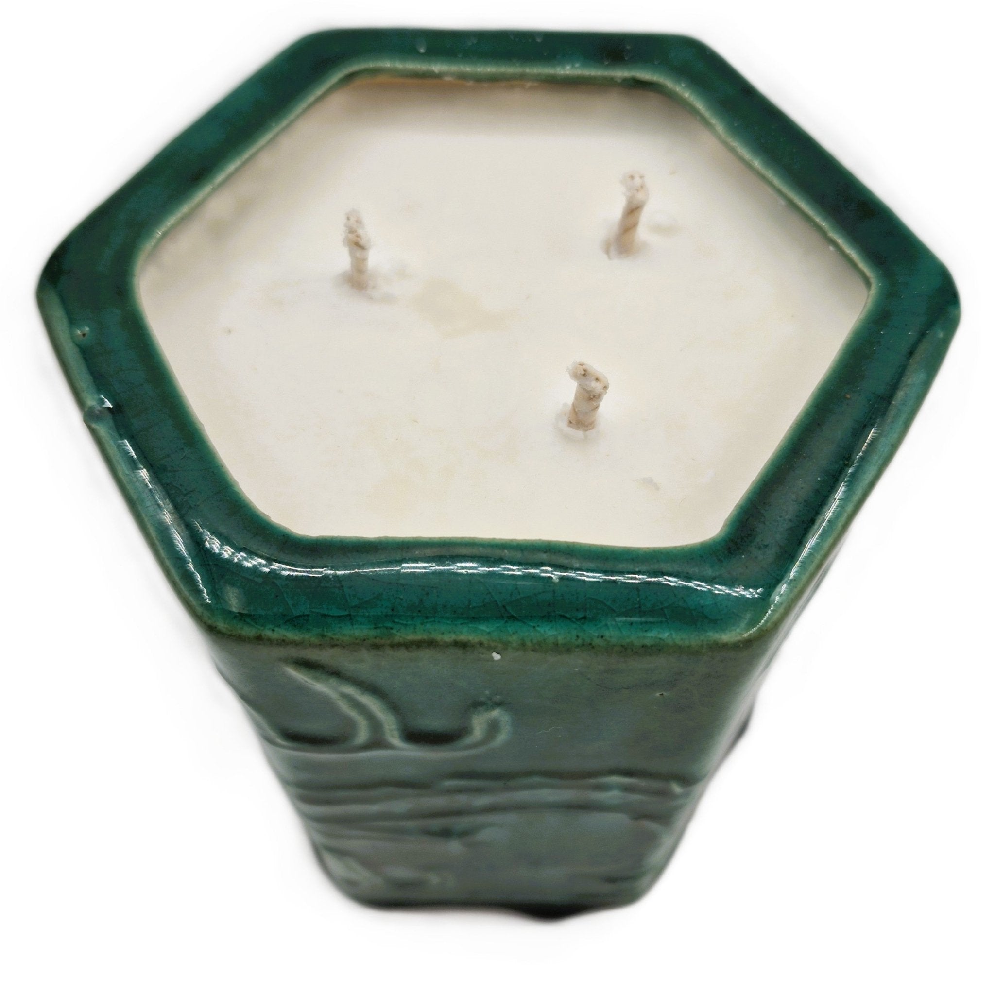 Emerald Dragon scented candle, hexagonal emerald pot with dragon and clouds, Big Wave Bay scent