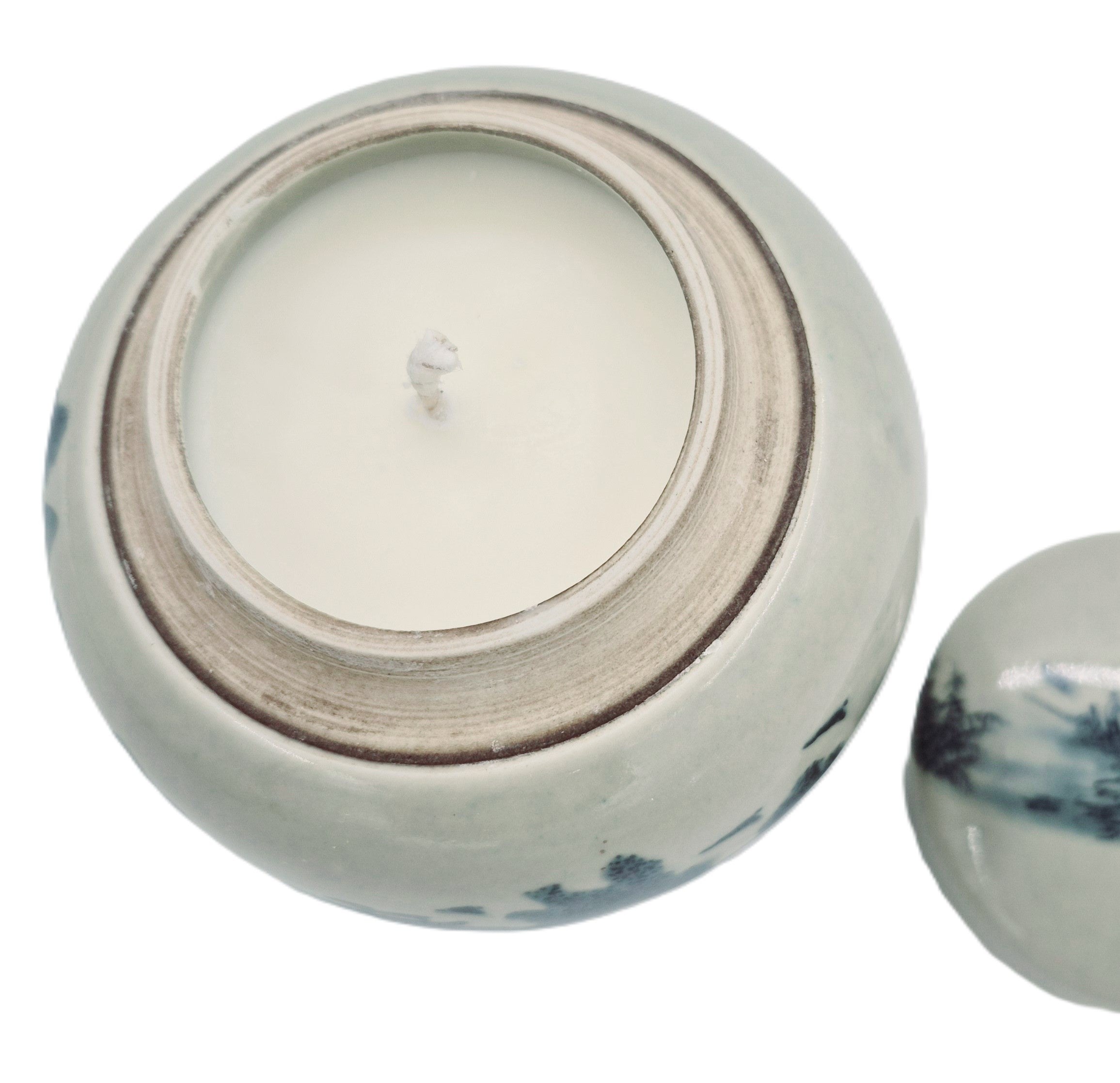 Rural Village candle, repurposed ceramic pot, styled view
