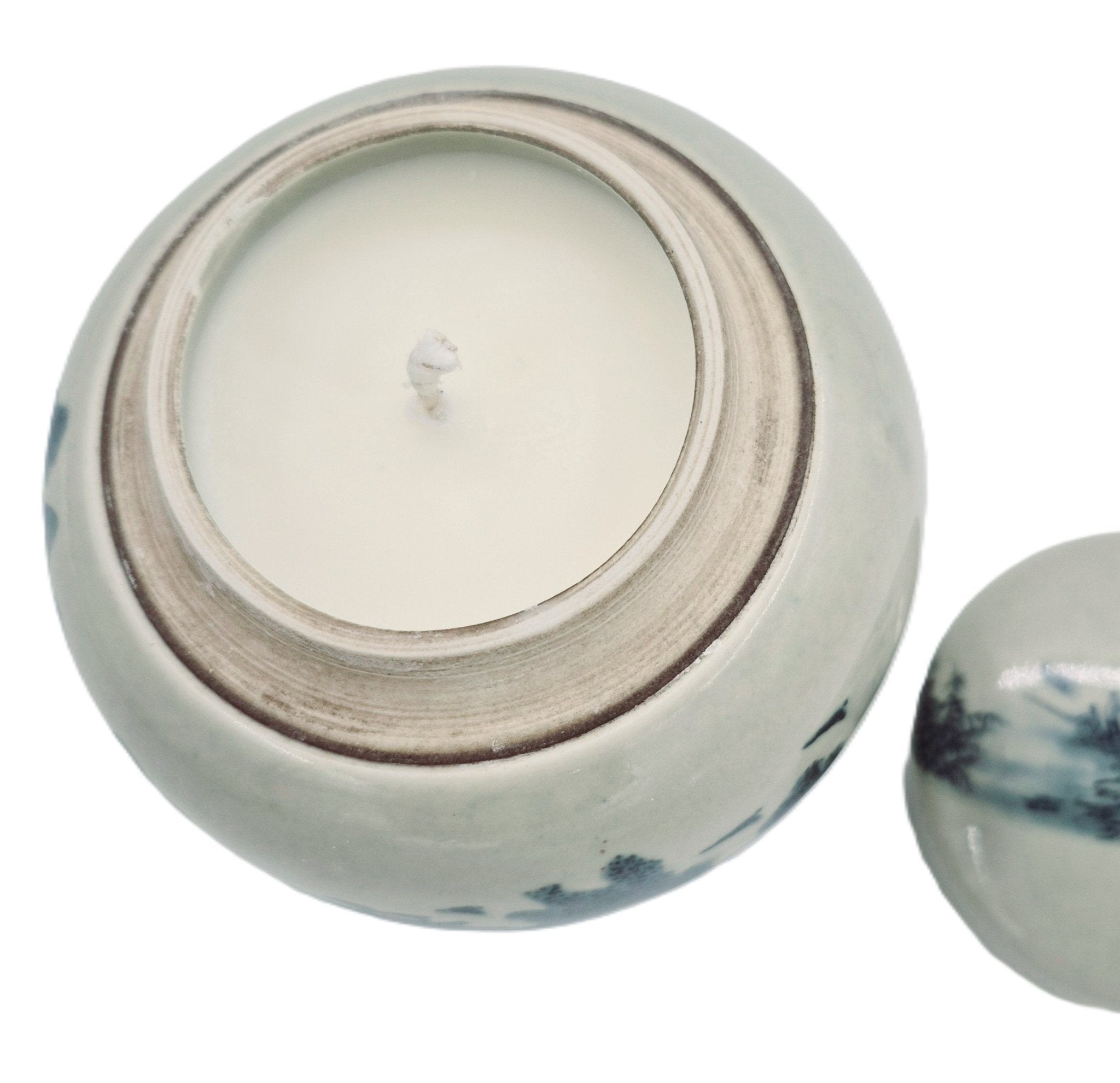 Rural Village candle, repurposed ceramic pot, styled view