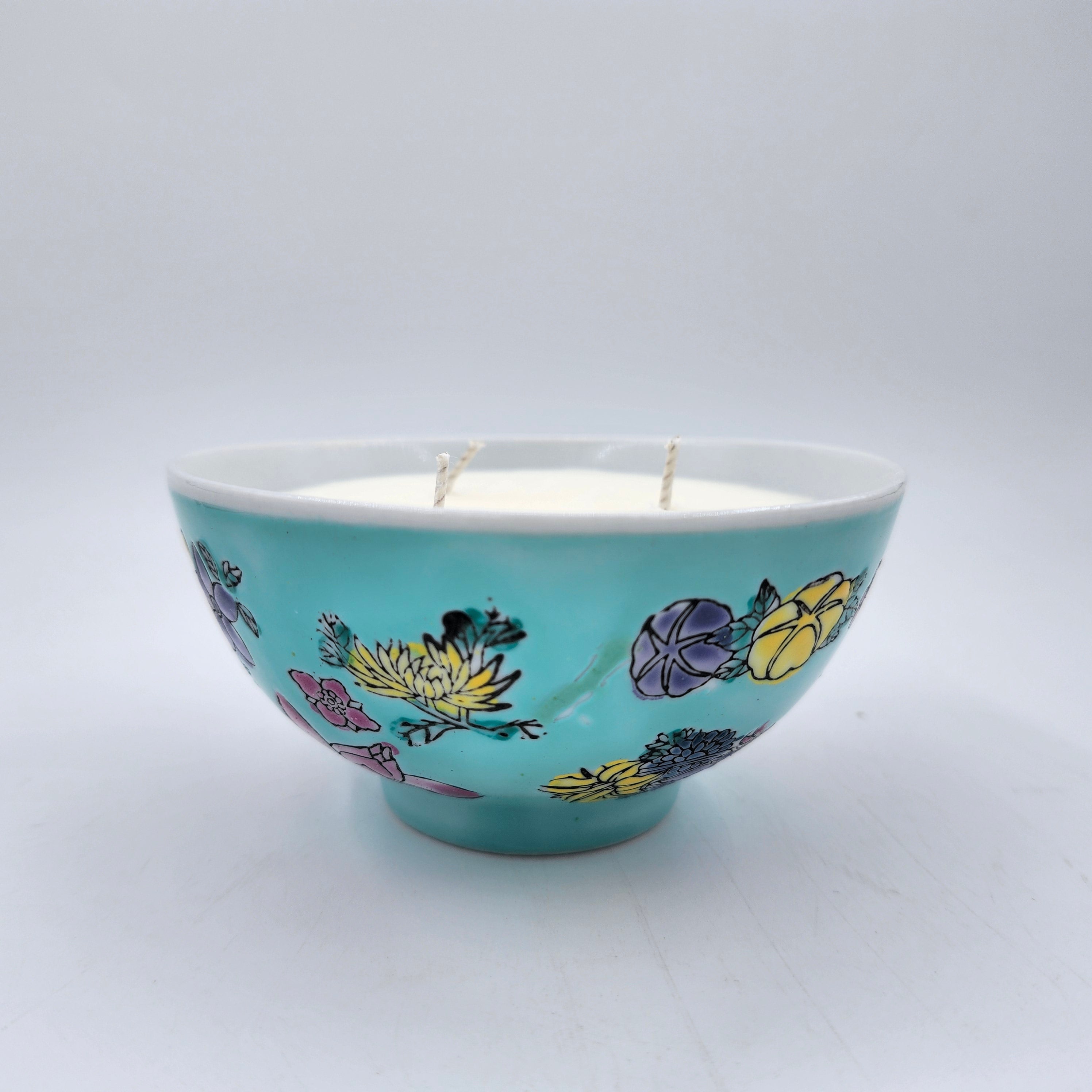 Teal Bowl scented candle in teal rice bowl decorated with colourful flowers, organic soy wax