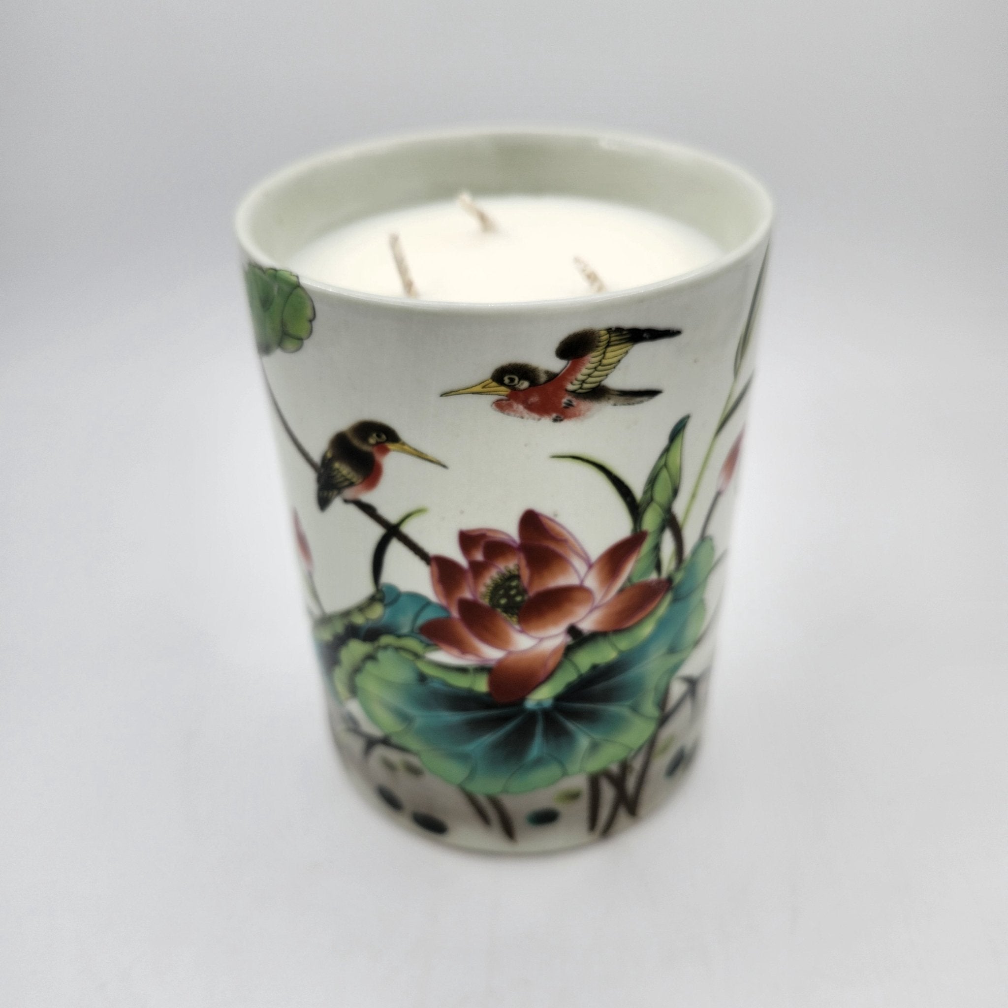 Kingfisher and Lotus scented candle, tall pot painted with kingfishers and lotus flowers, Mui Wo scent