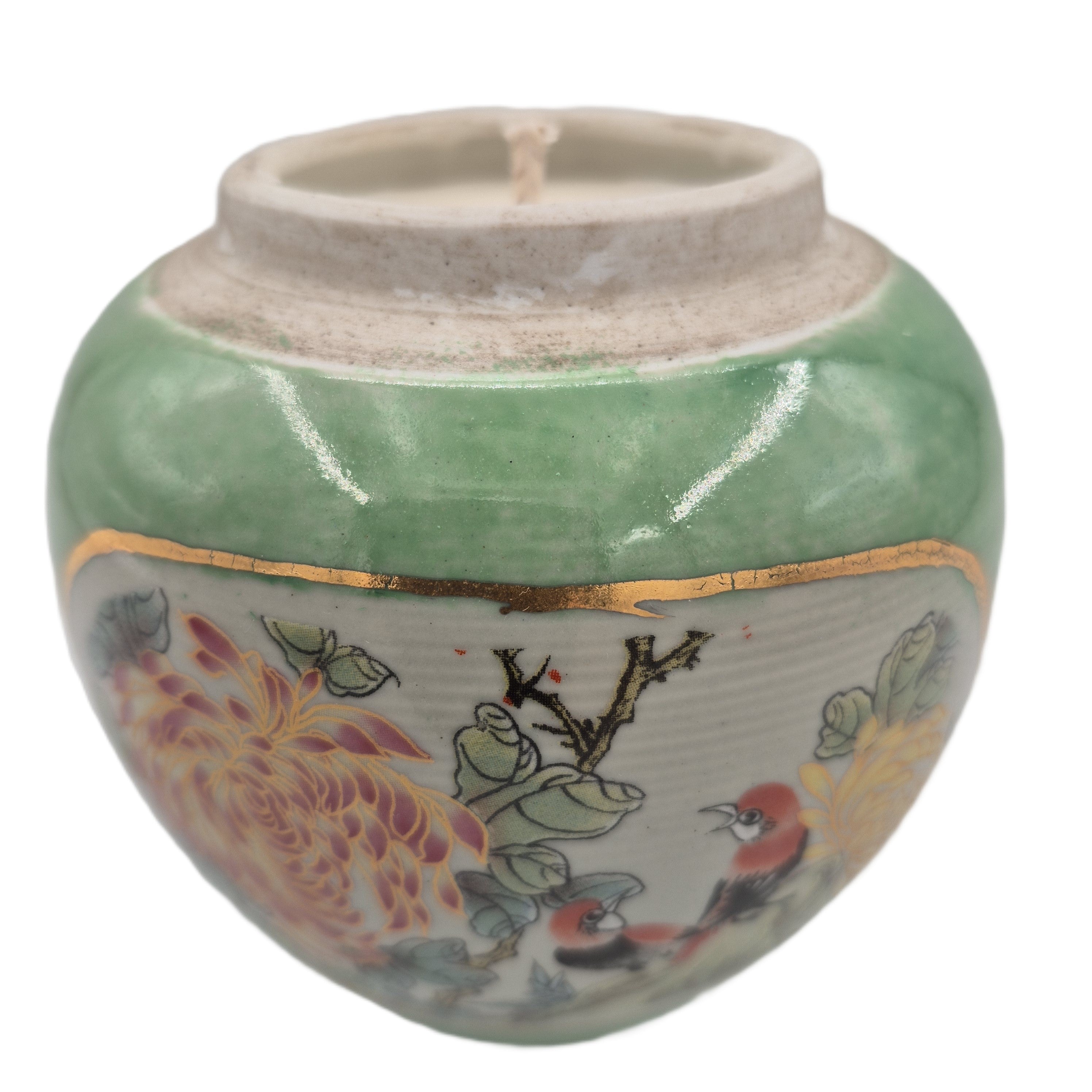 Birds and Flowers scented candle, green ceramic jar painted with birds and flowers, Tiger's Head scent