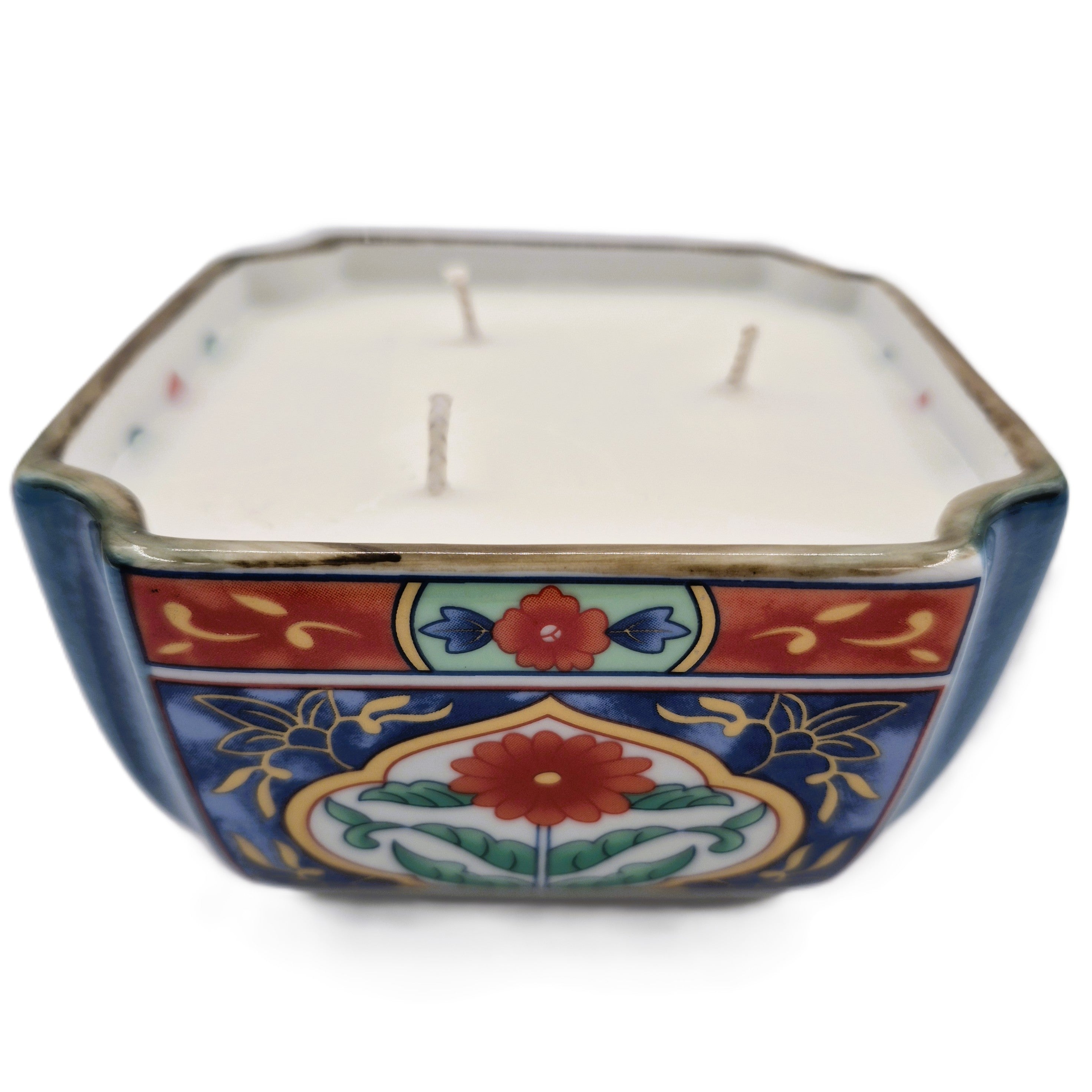 Imari scented candle in porcelain square dish painted in the Imari style, organic soy wax