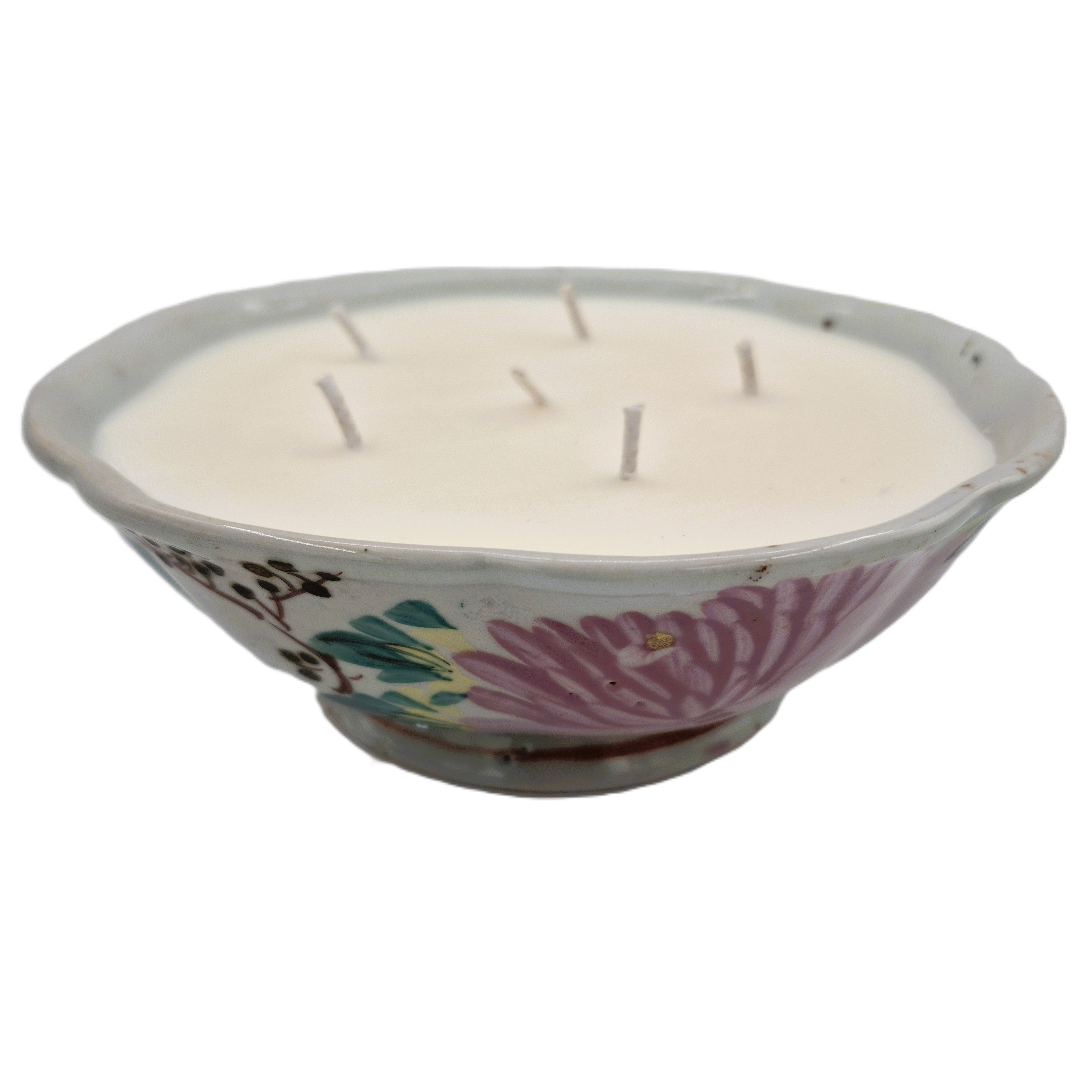 Pink Chrysanthemum candle, floral-painted bowl, styled view