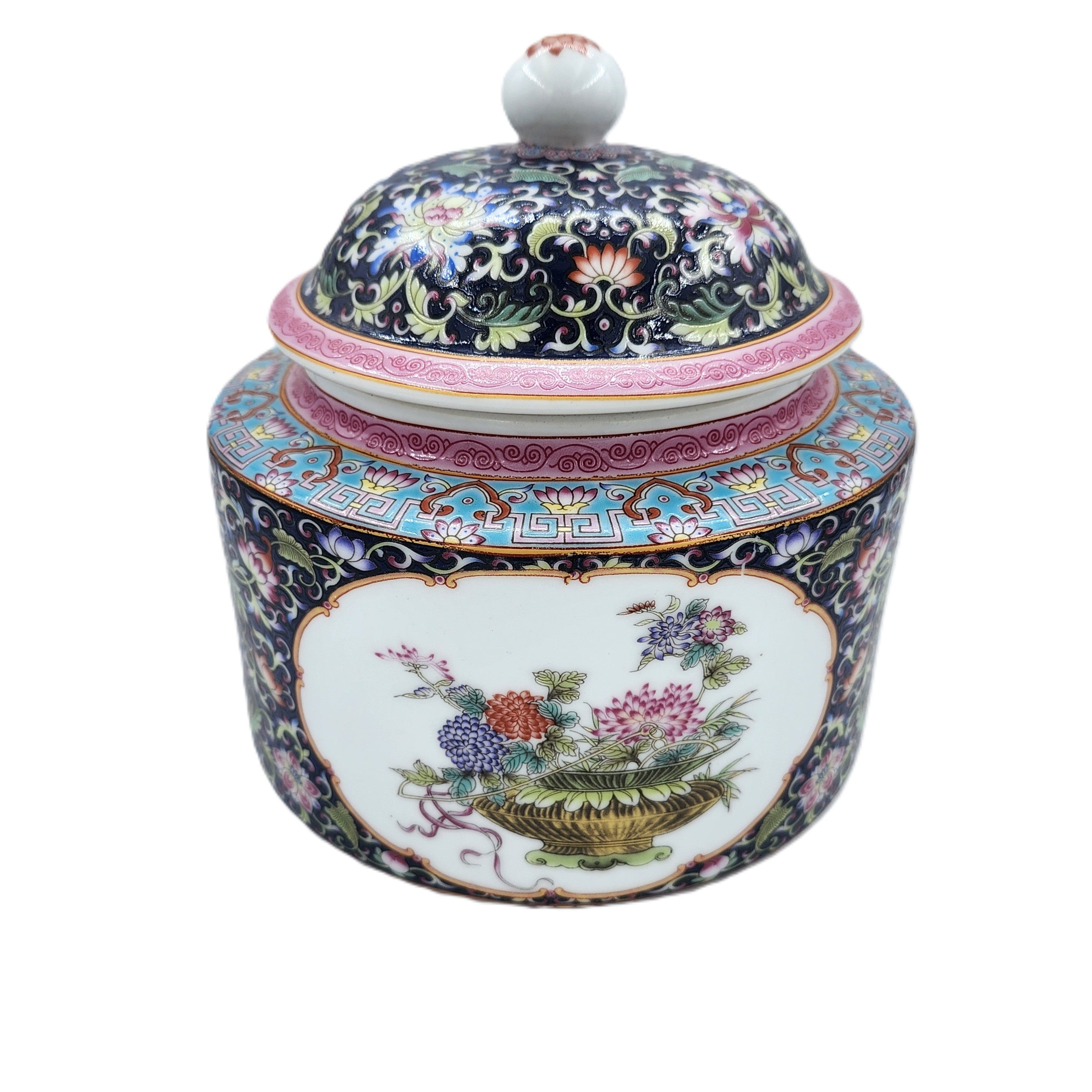 Bouquet scented candle, navy blue ceramic jar hand-painted with peony bouquets, Lobster Bay scent