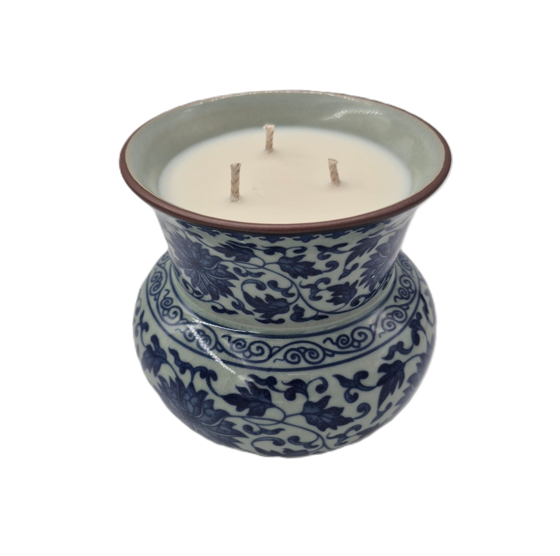 Longevity candle, chrysanthemum-painted ceramic pot, organic soy wax, detail