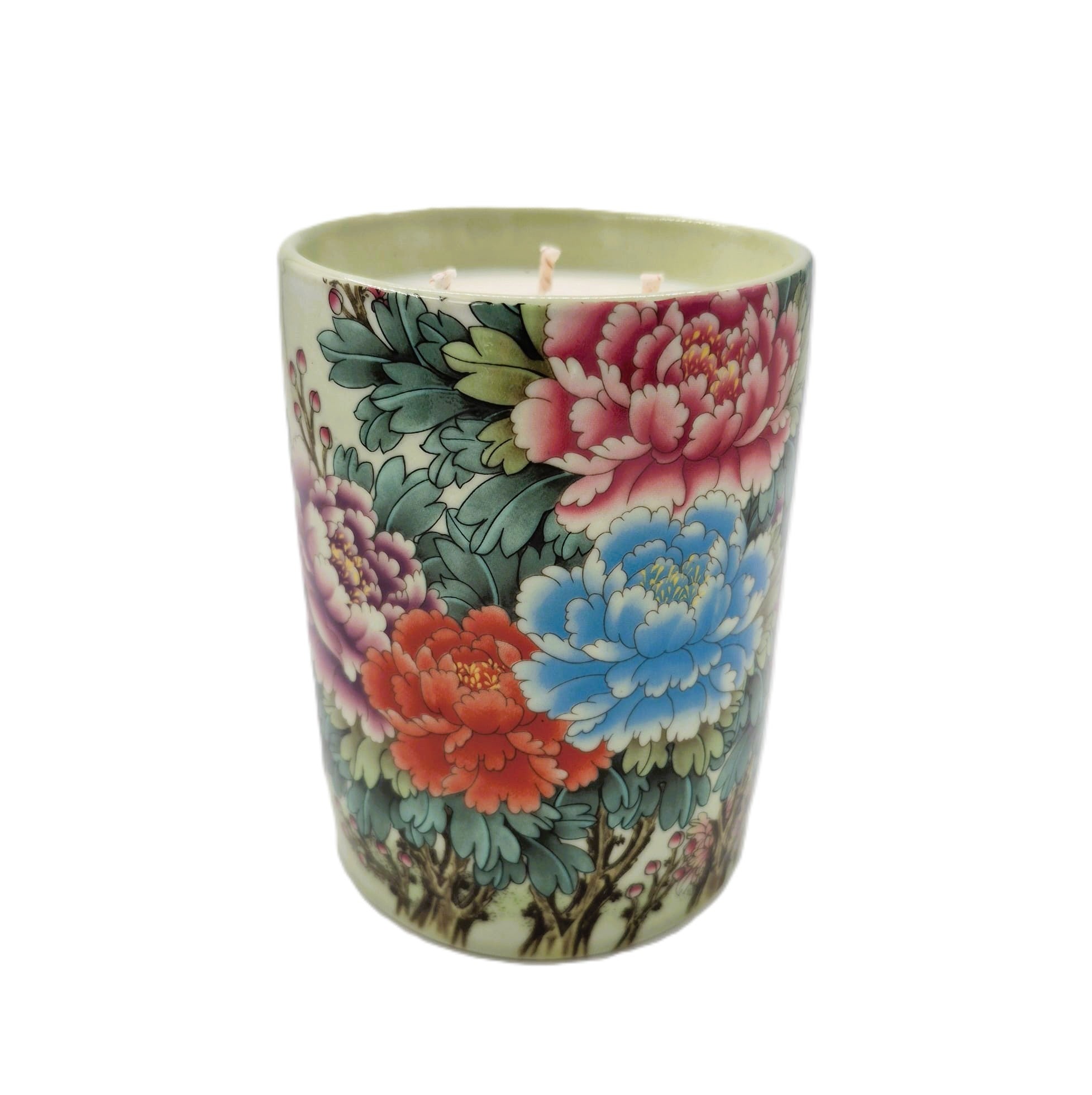 Peonies scented candle, ceramic pot hand-painted with colourful peonies, Stanley scent