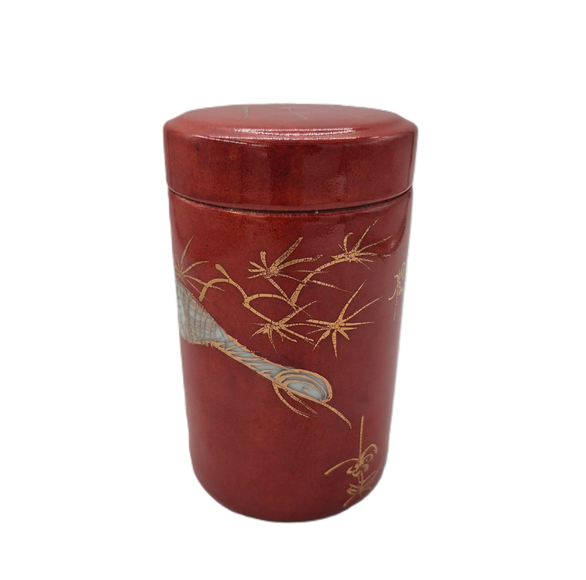 Red Crane candle, red lidded ceramic pot, styled view