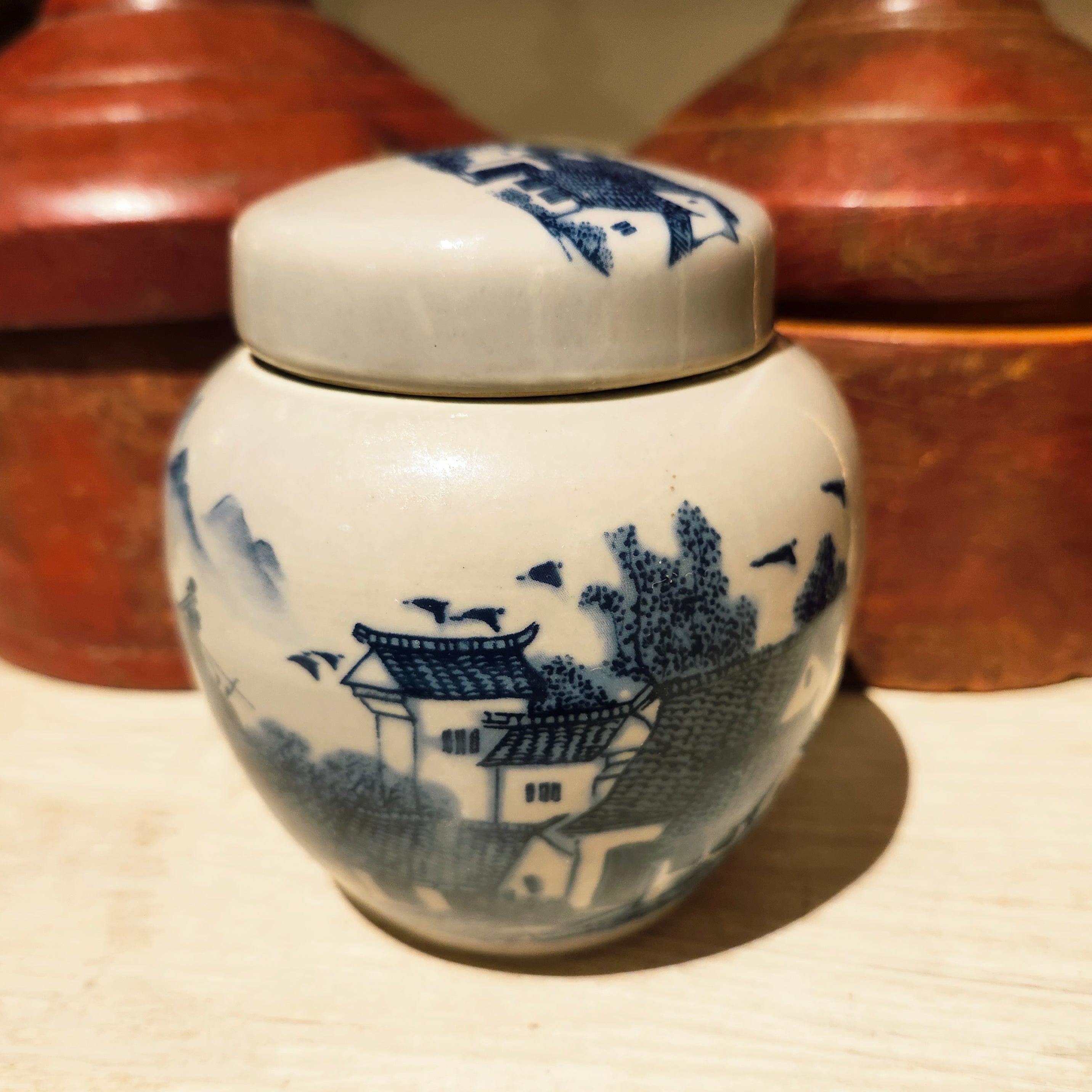 Rural Village scented candle, small ceramic pot decorated with a rural scene, organic soy wax
