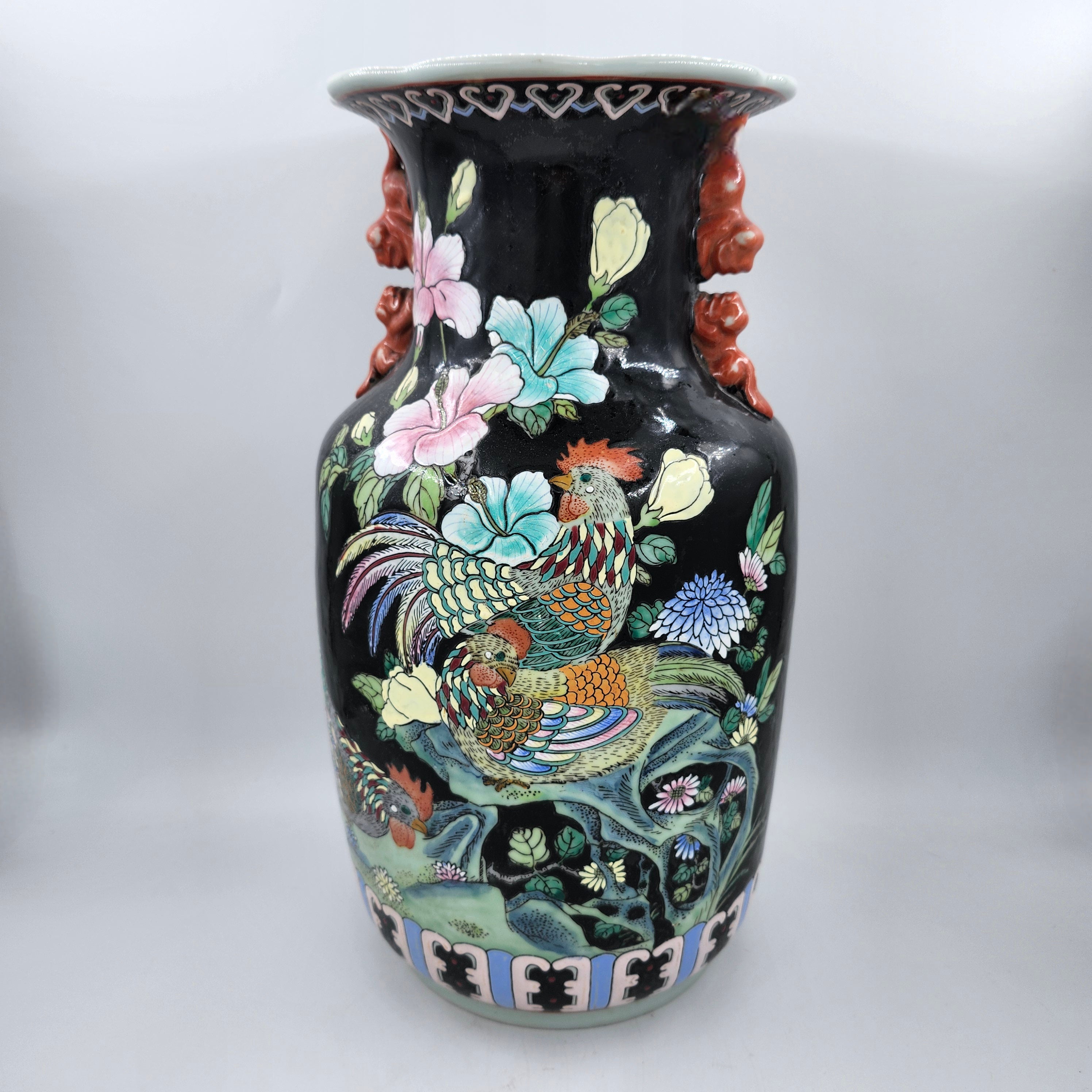 Hand-painted cockerel Famille Rose vase, black ground, styled
