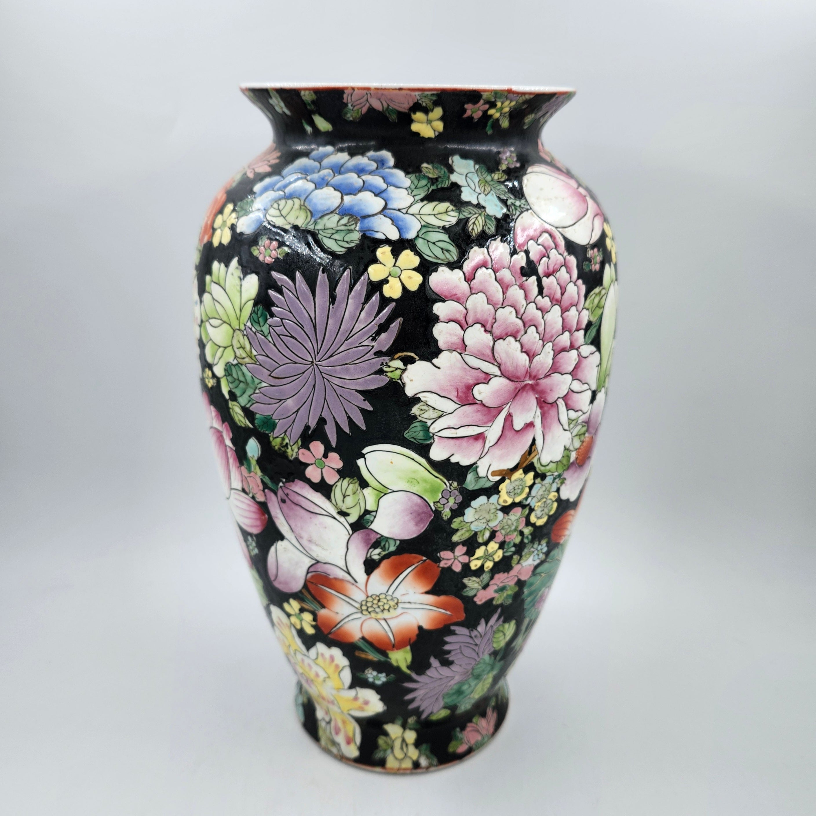 Famille Rose vase, hand-painted pink, orange and blue flowers on black, 30cm high