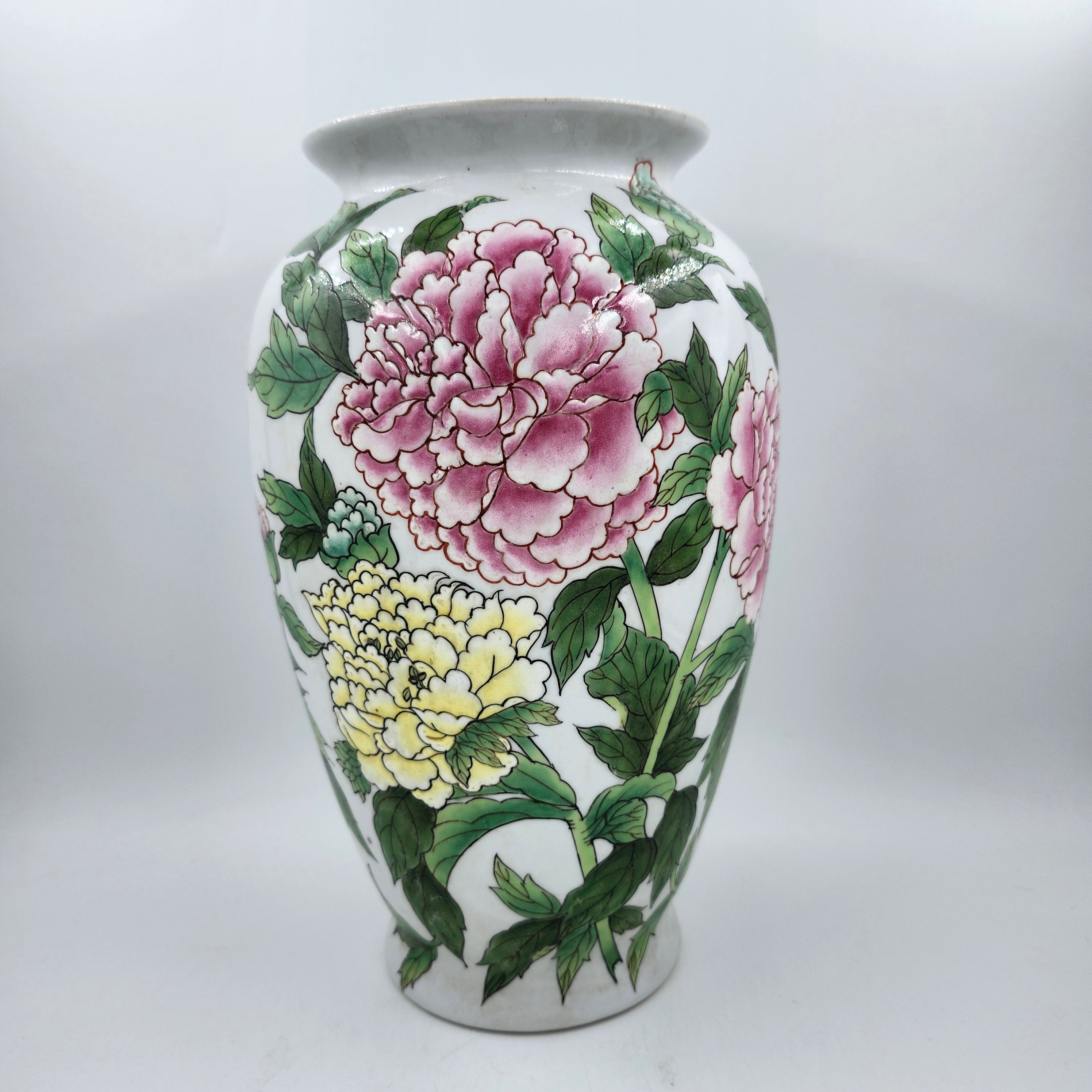 Vintage Famille Rose peony vase, white ground, detail