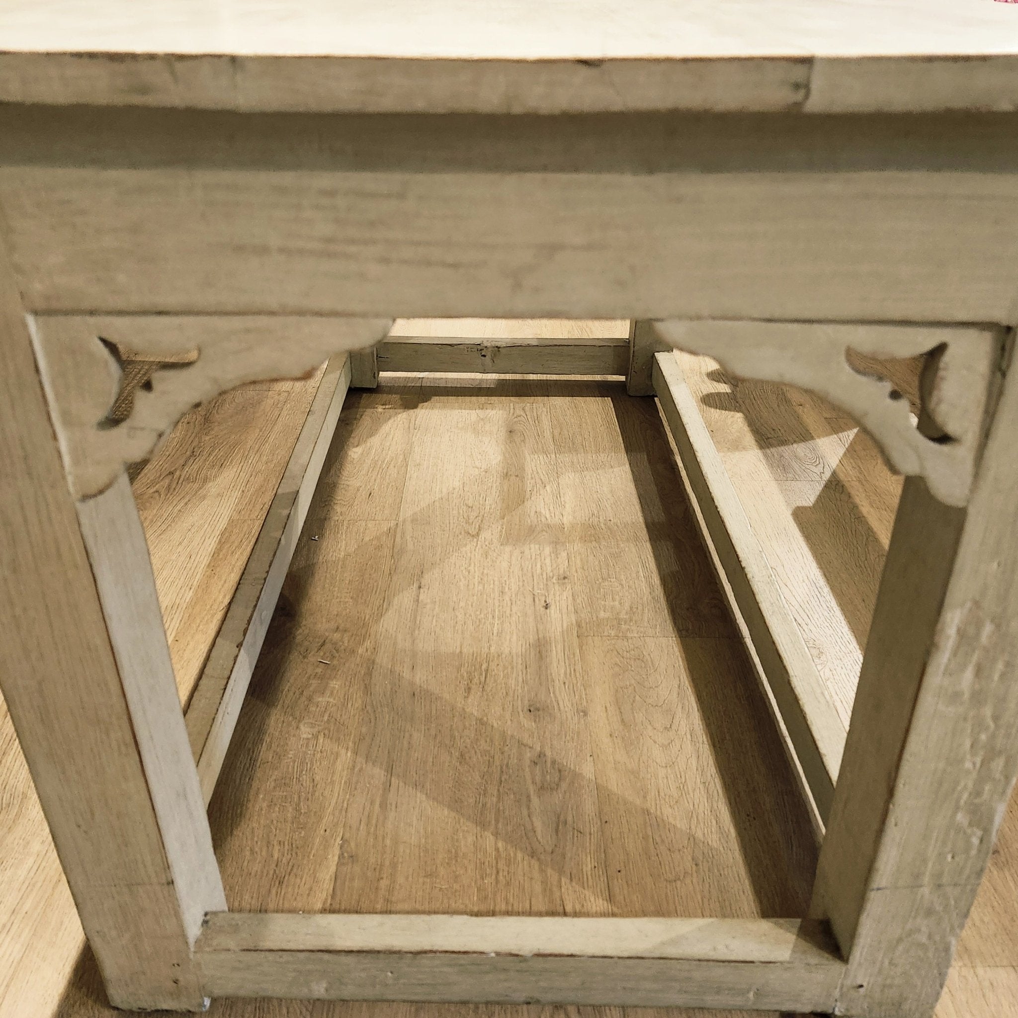 Painted vintage teak table in pale pistachio, distressed finish, 127 x 65 x 66 cm