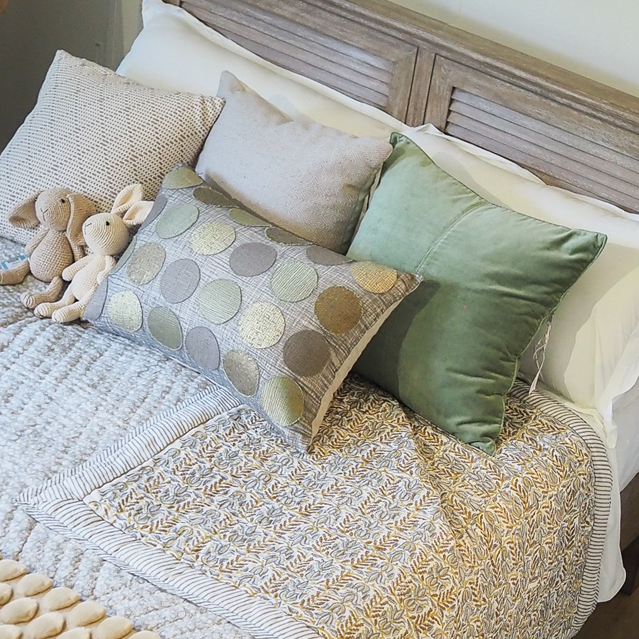 Orion linen cushion with planet-shaped glowing discs, cream and taupe, 40 x 60 cm