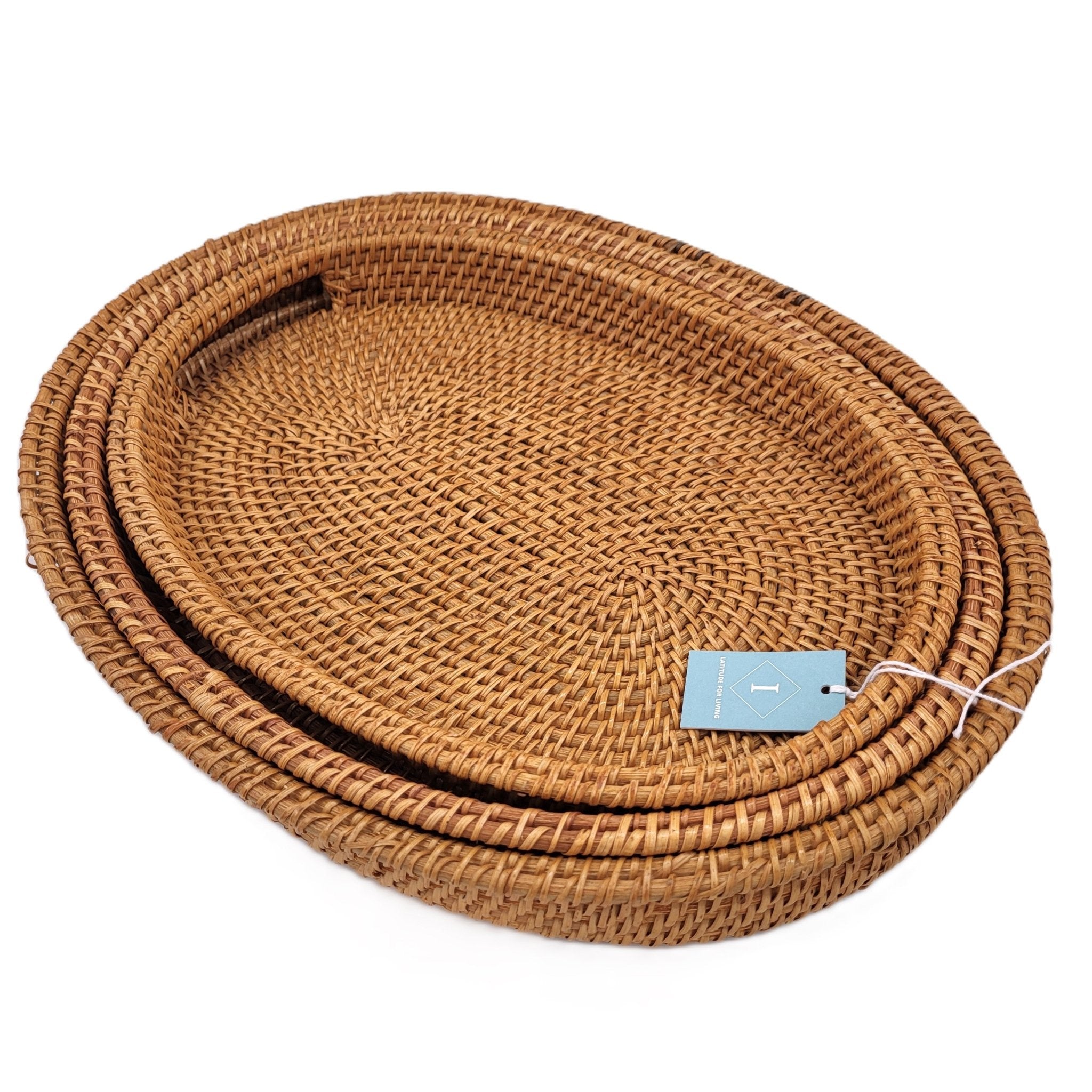 Oval rattan nesting trays, set of three, handwoven, for serving or display