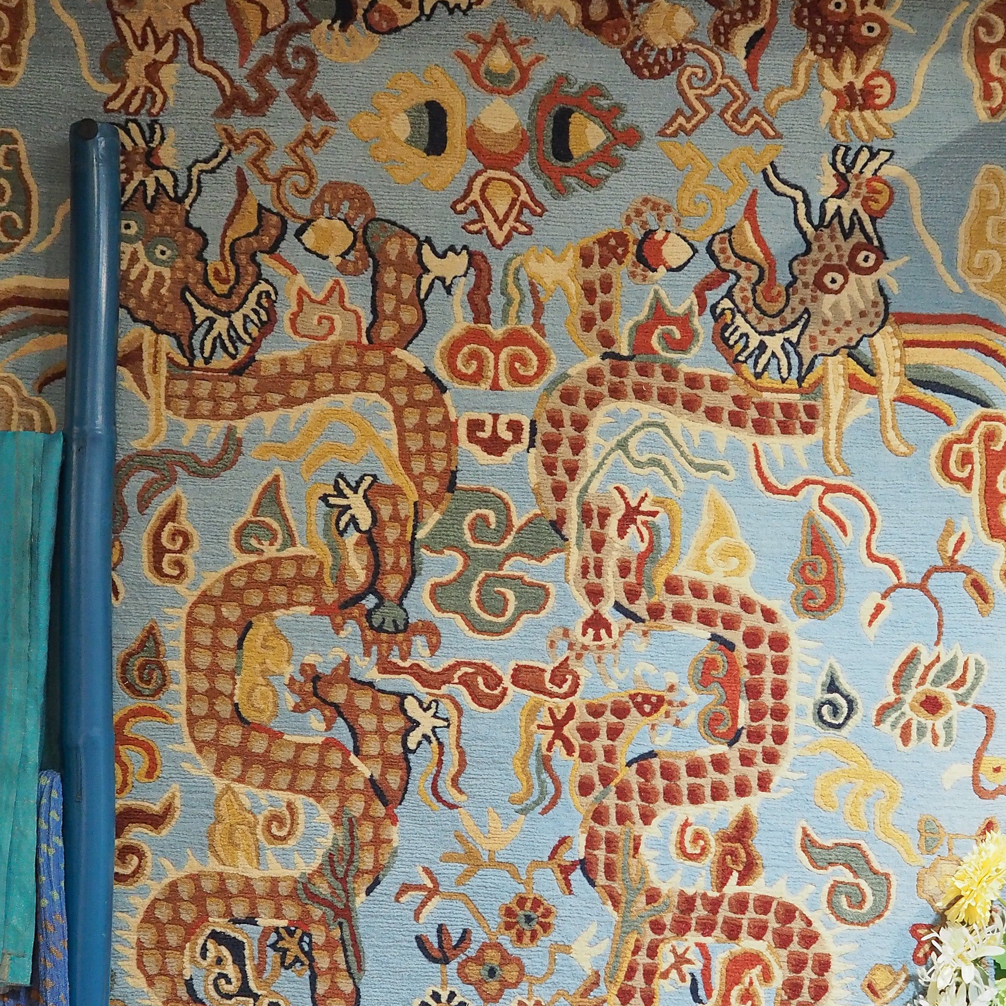 Hand-knotted Tibetan dragon rug, wool, full view
