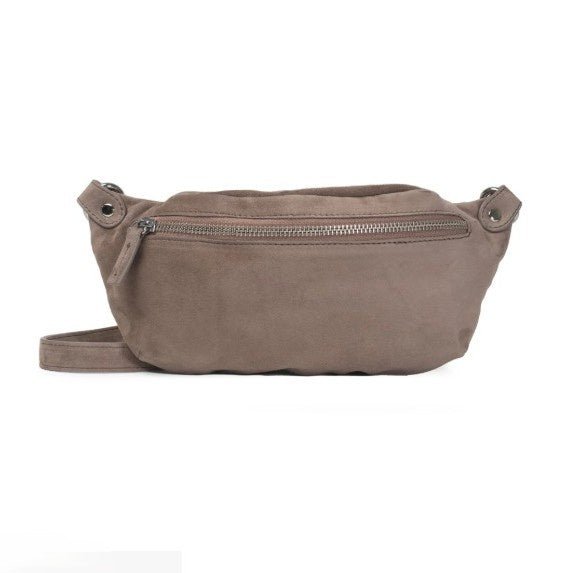 Palermo waist bag in taupe suede, zip closure with hidden back compartment, 12.5 x 4.5 x 28 cm