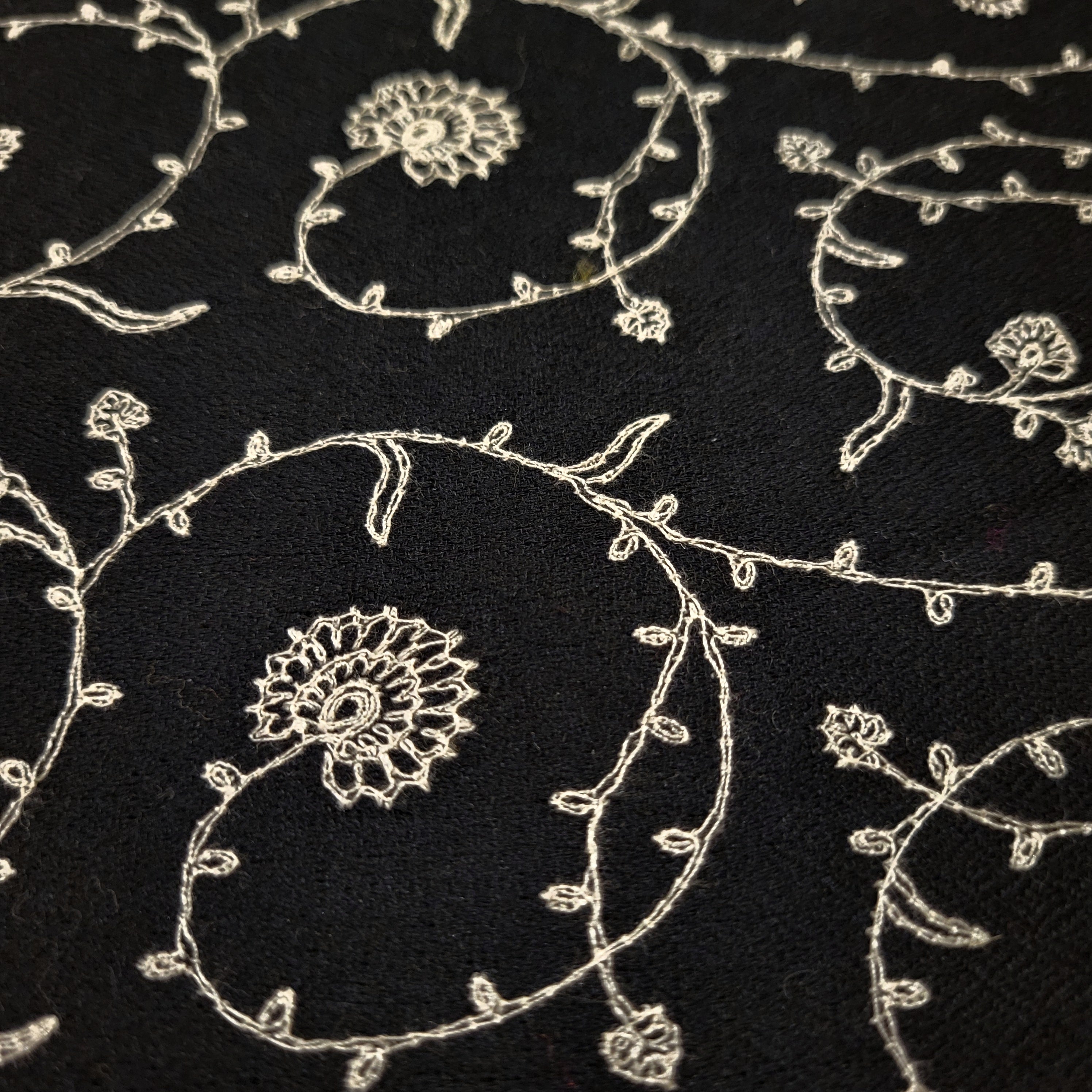 Black pashmina with white floral machine embroidery, 75 x 200 cm