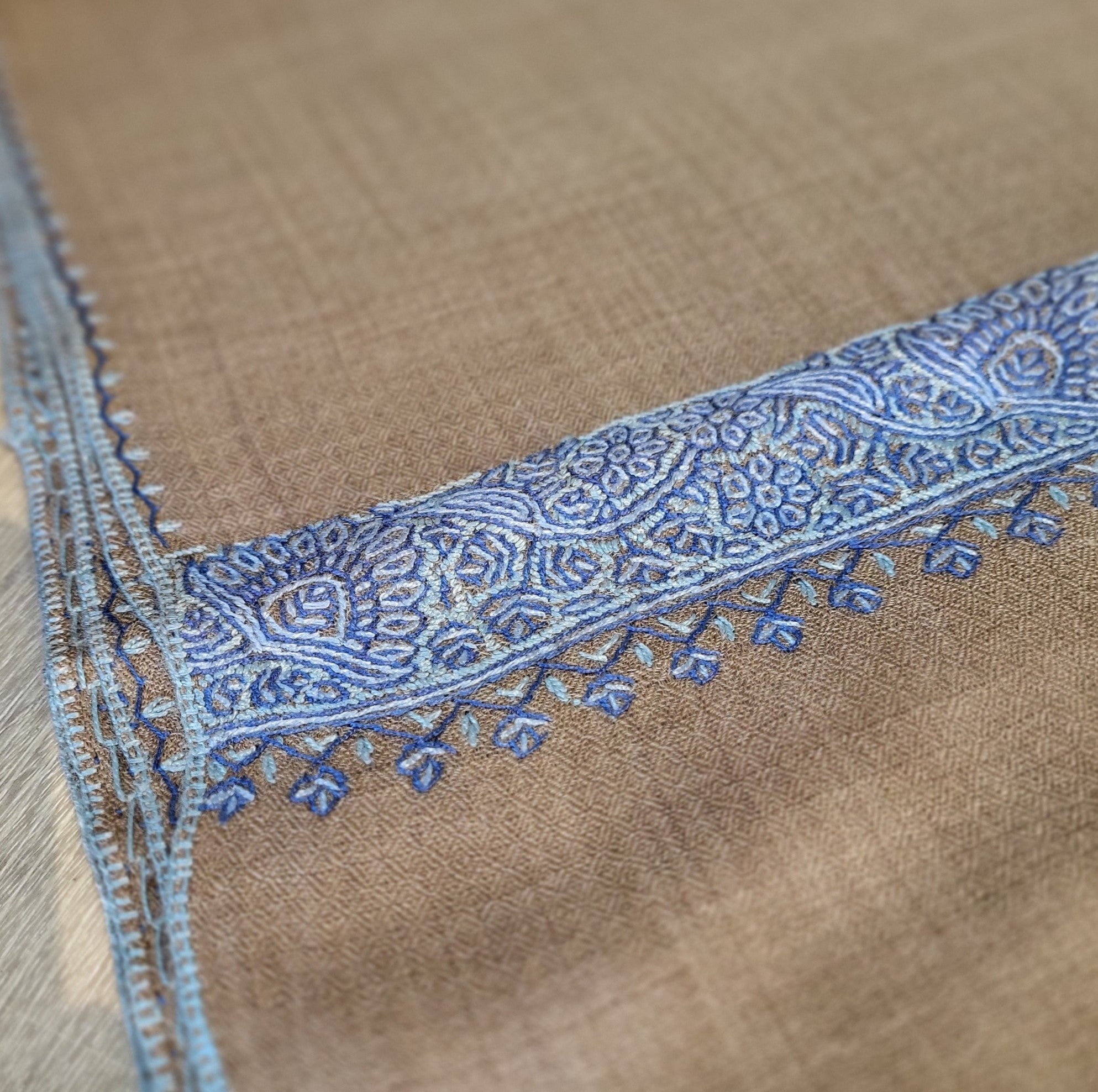 Pashmina with hand-embroidered blue border, 70 x 200 cm