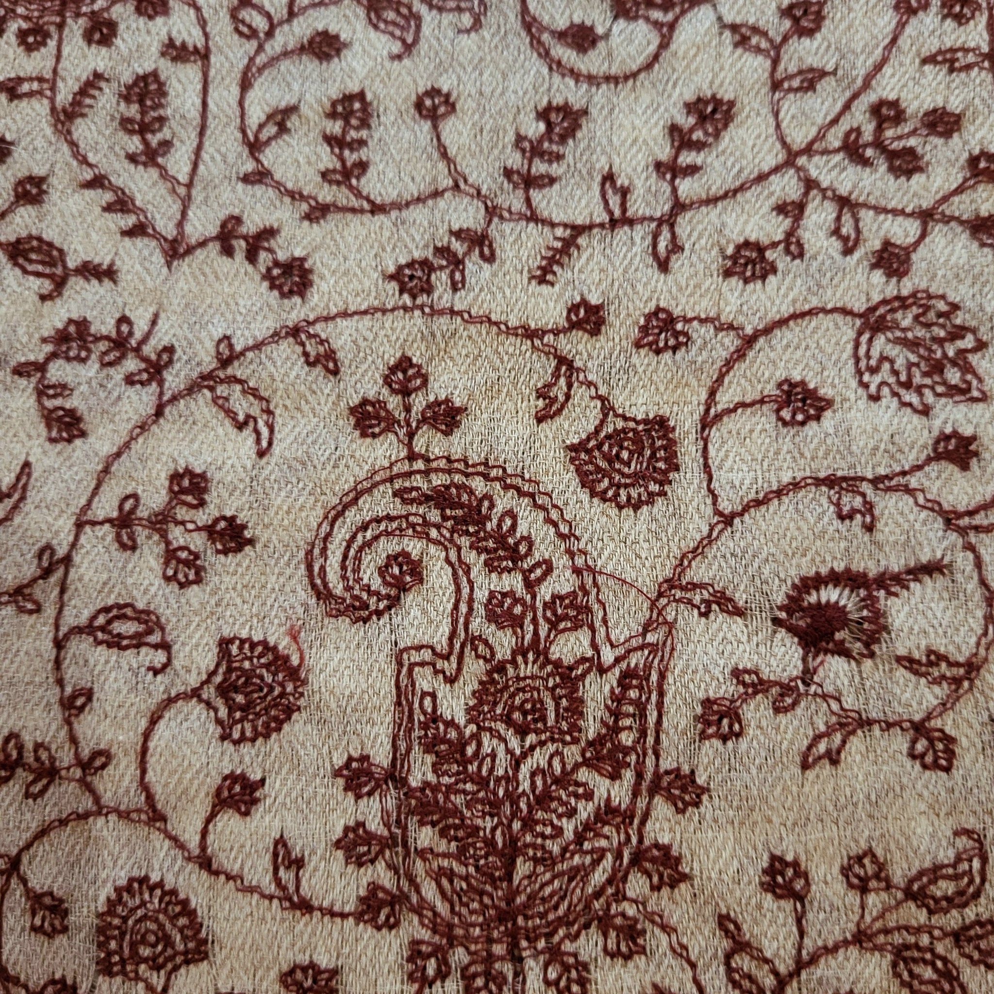 Pashmina with burgundy paisley embroidery on linen, detail view
