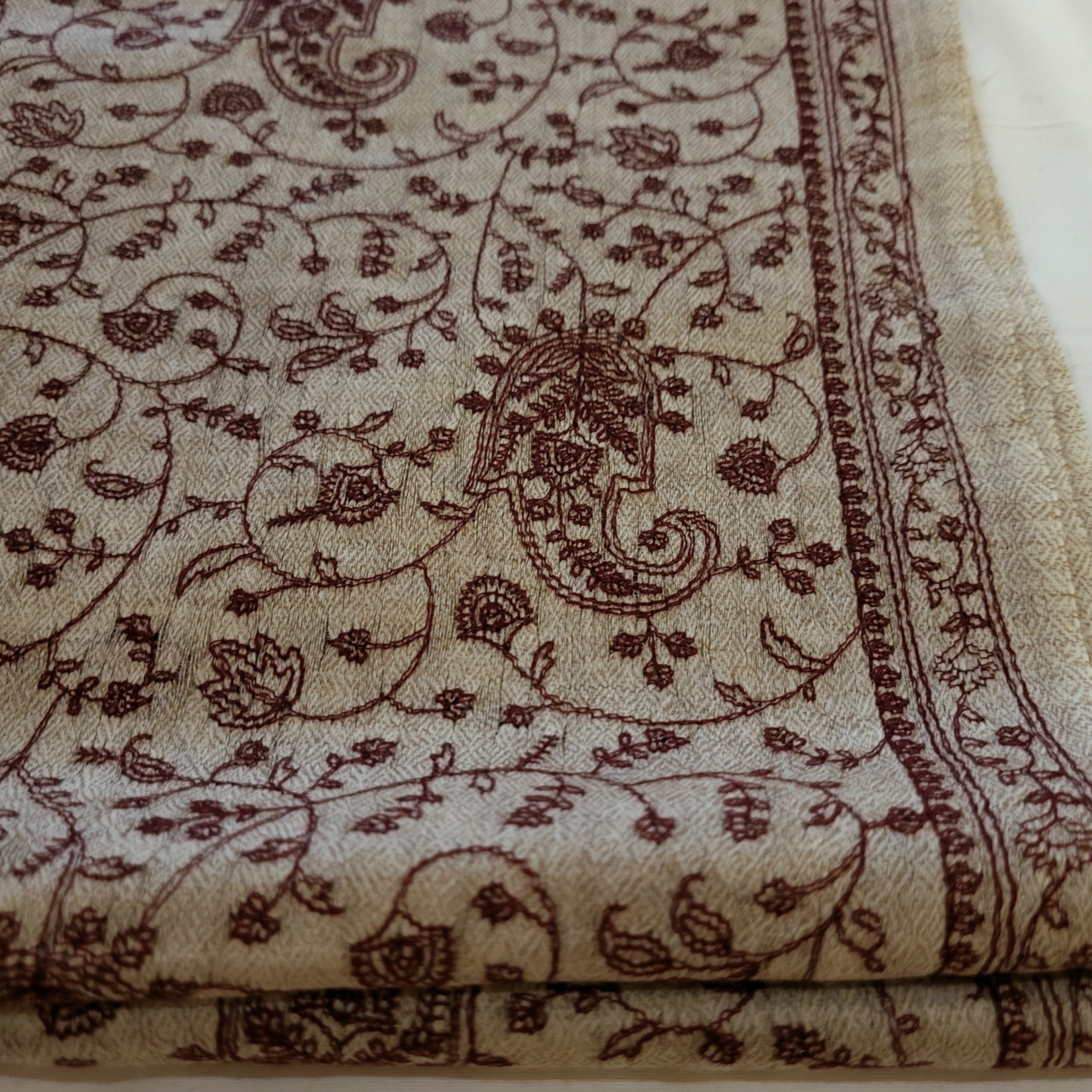 Burgundy paisley embroidery on linen pashmina, 100% pashmina, styled