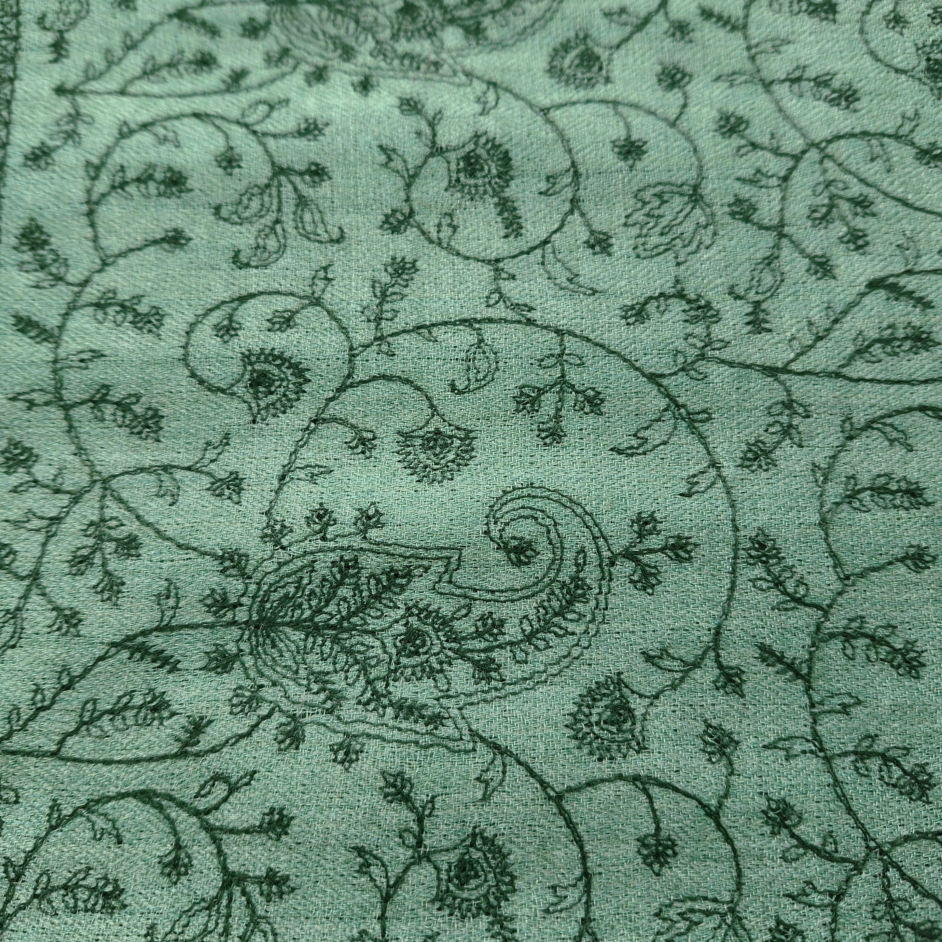 Green machine embroidered paisley pashmina shawl, soft and lightweight with plain borders at either end