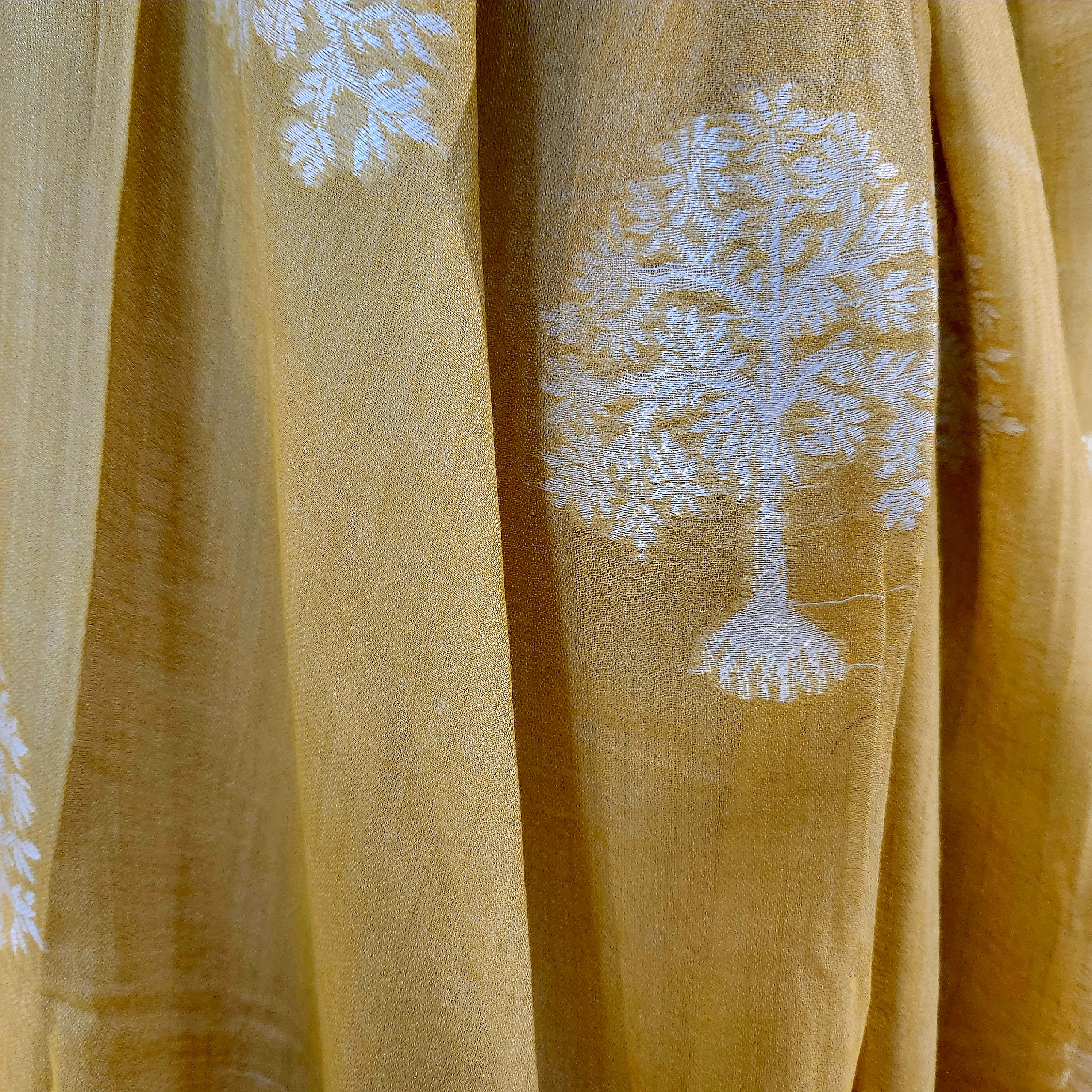 Tree embroidered pashmina in mustard with white thread, 107 x 210 cm, 100% pure pashmina