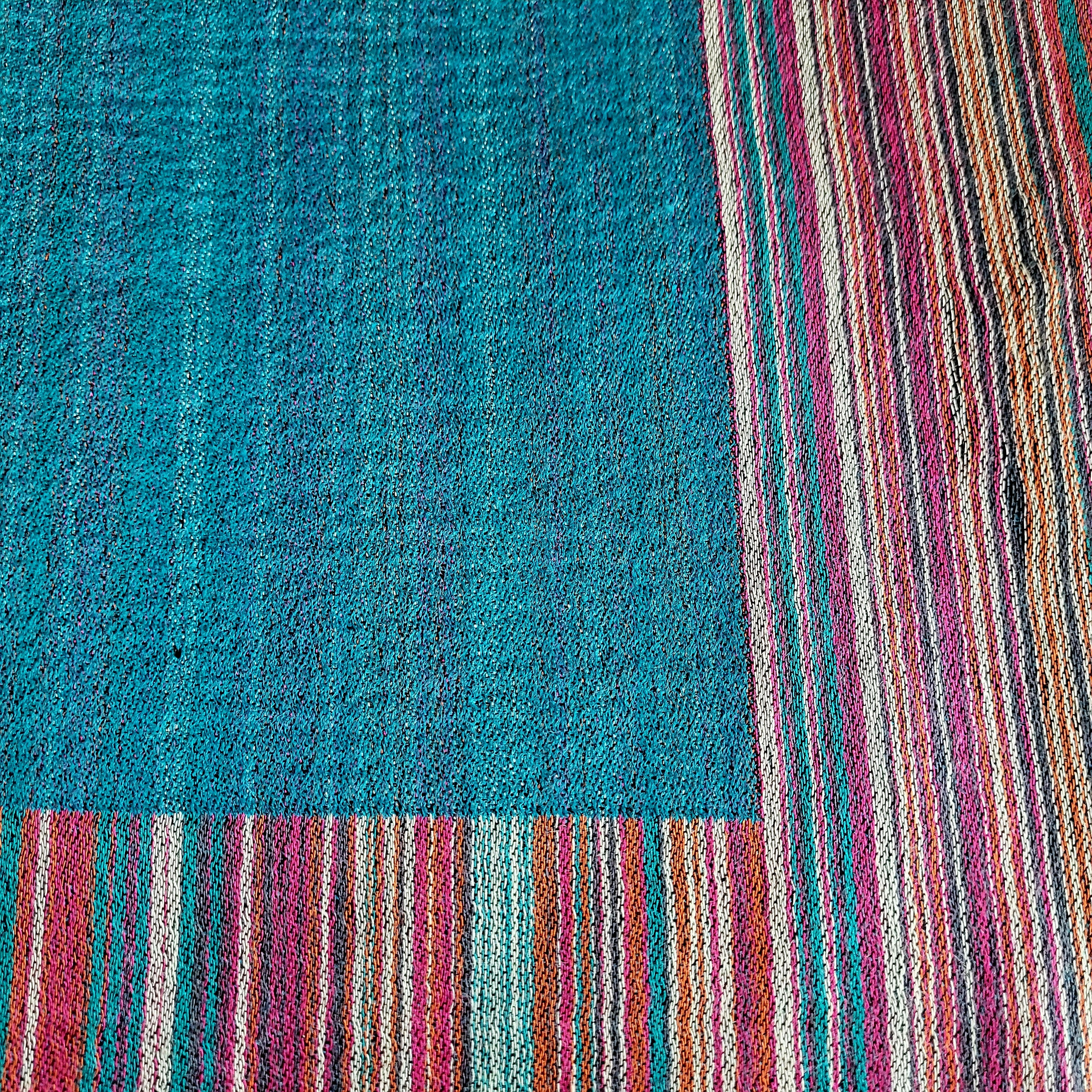Multi striped pashmina shawl in turquoise, silk and pashmina, lightweight