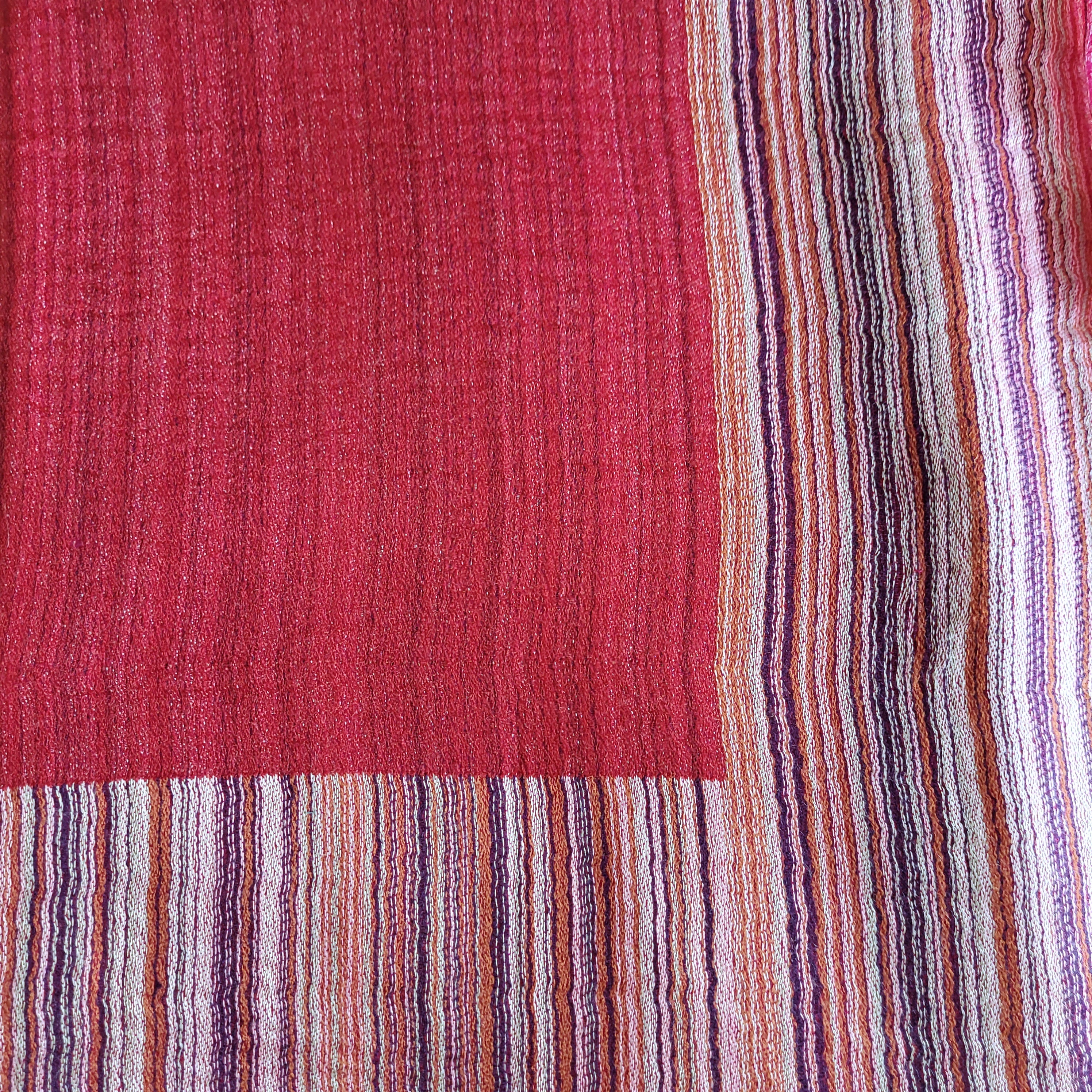 Multi striped pashmina shawl in crimson, silk and pashmina blend