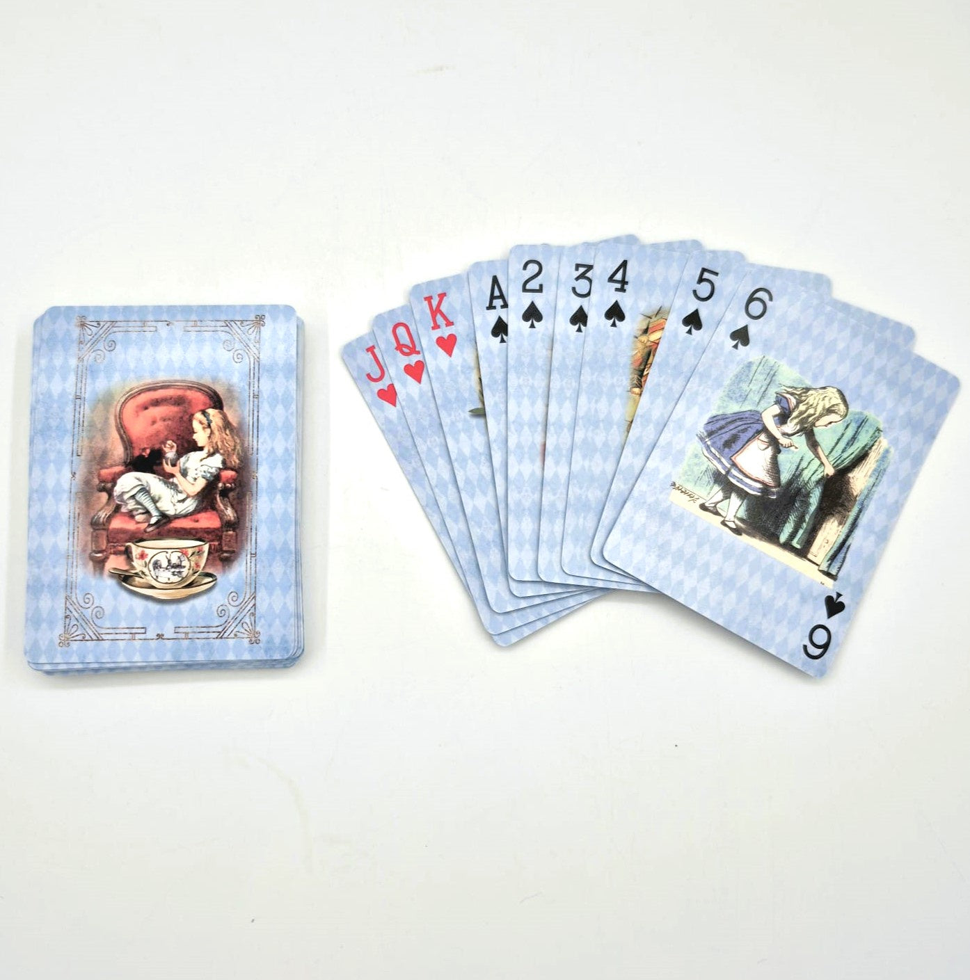 Alice in Wonderland playing cards in blue, John Tenniel illustrations, 6.5 x 9 cm