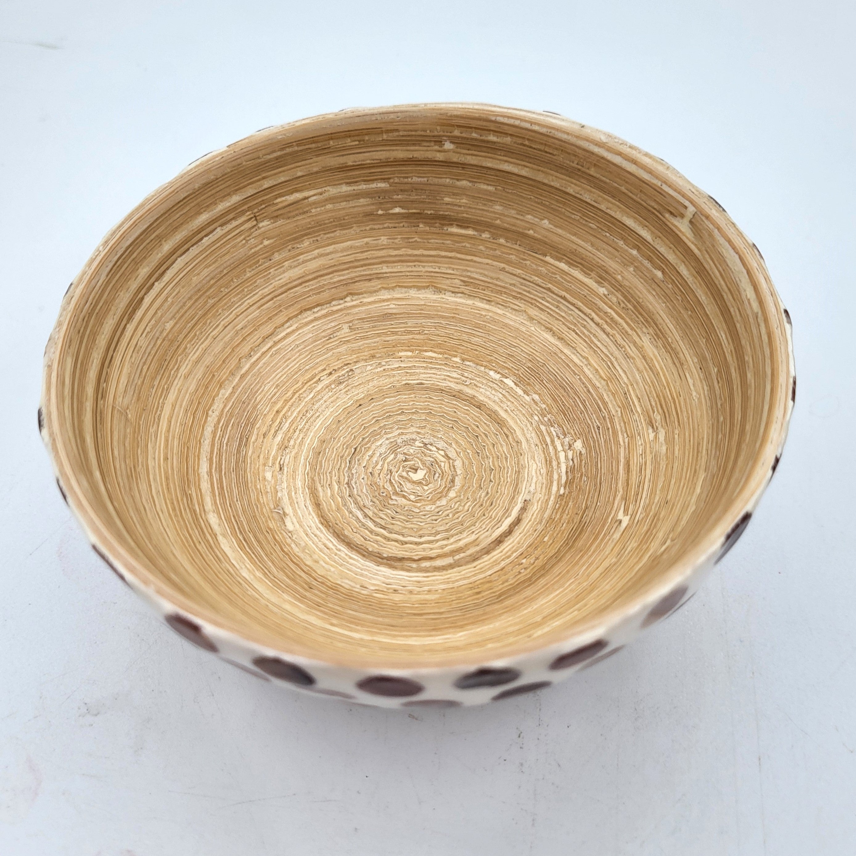 Mother of pearl polka dot bowl, bamboo, for dips or trinkets, detail view