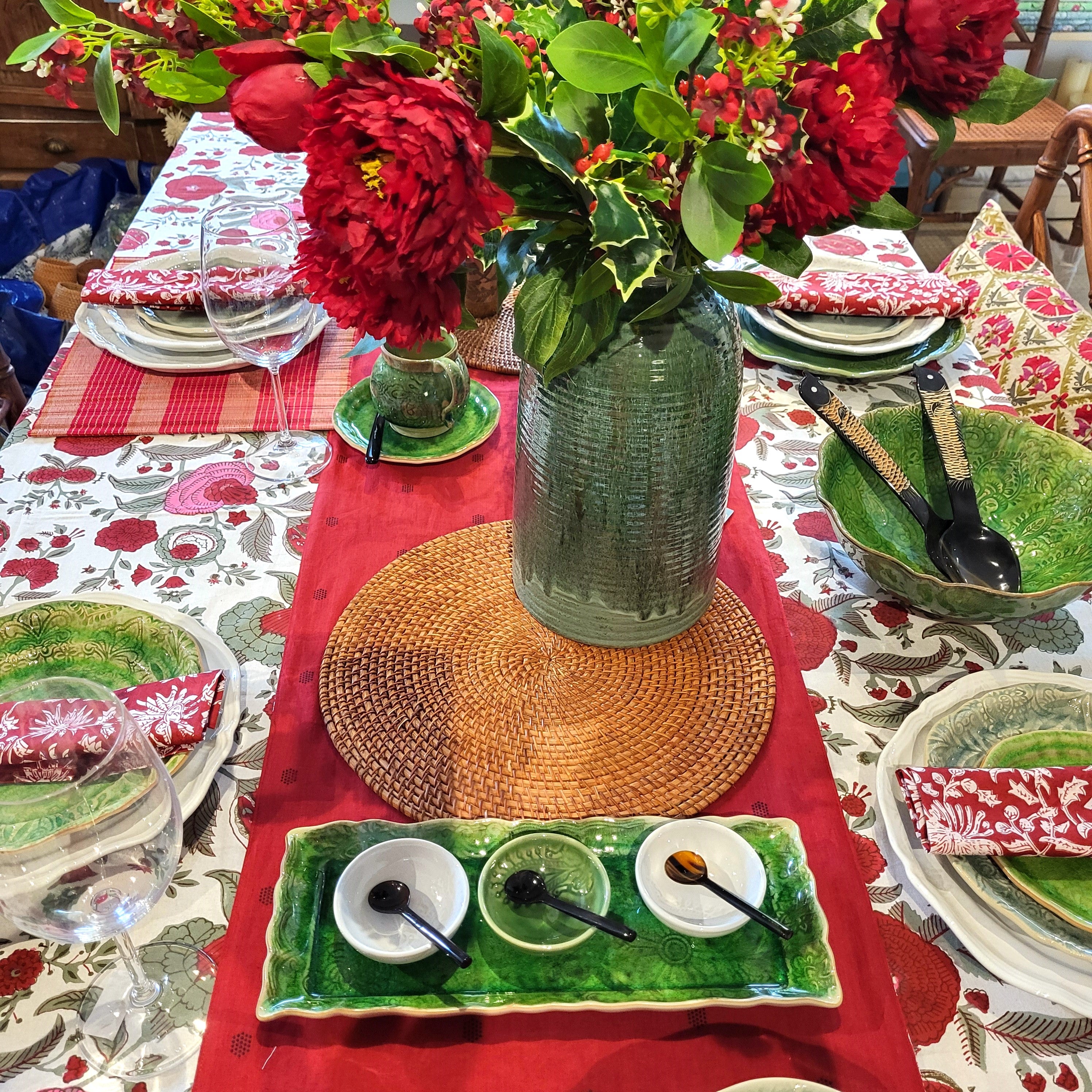 Red pomegranate block-print cotton tablecloth