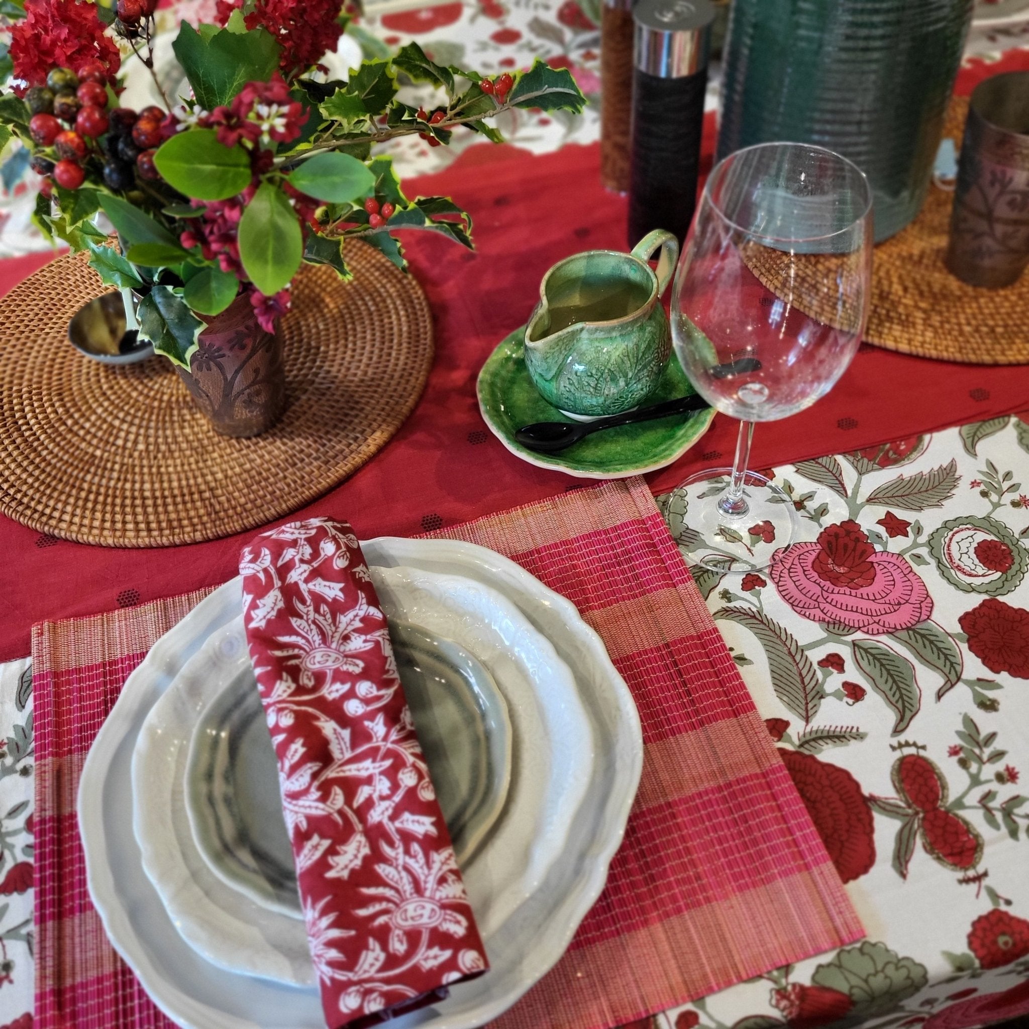 Pomegranate tree block-print tablecloth in red