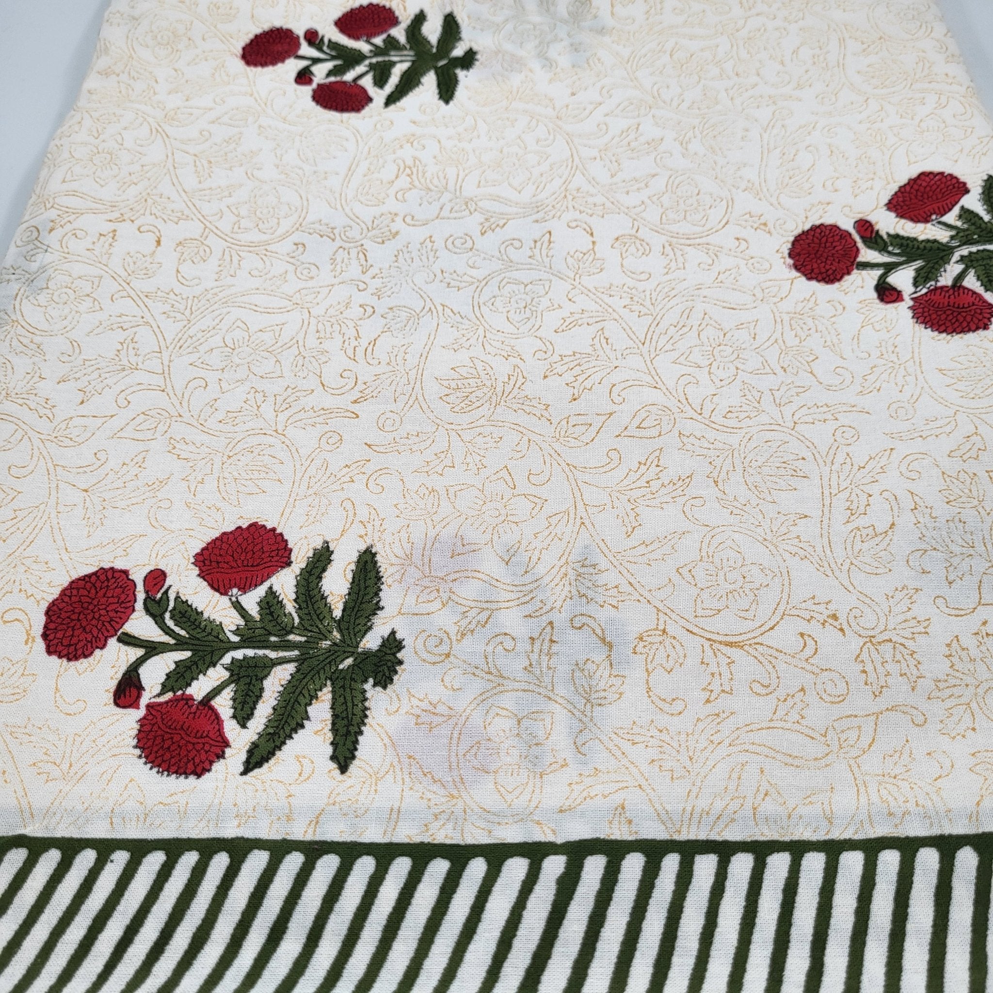 Green and red poppy block-print tablecloth