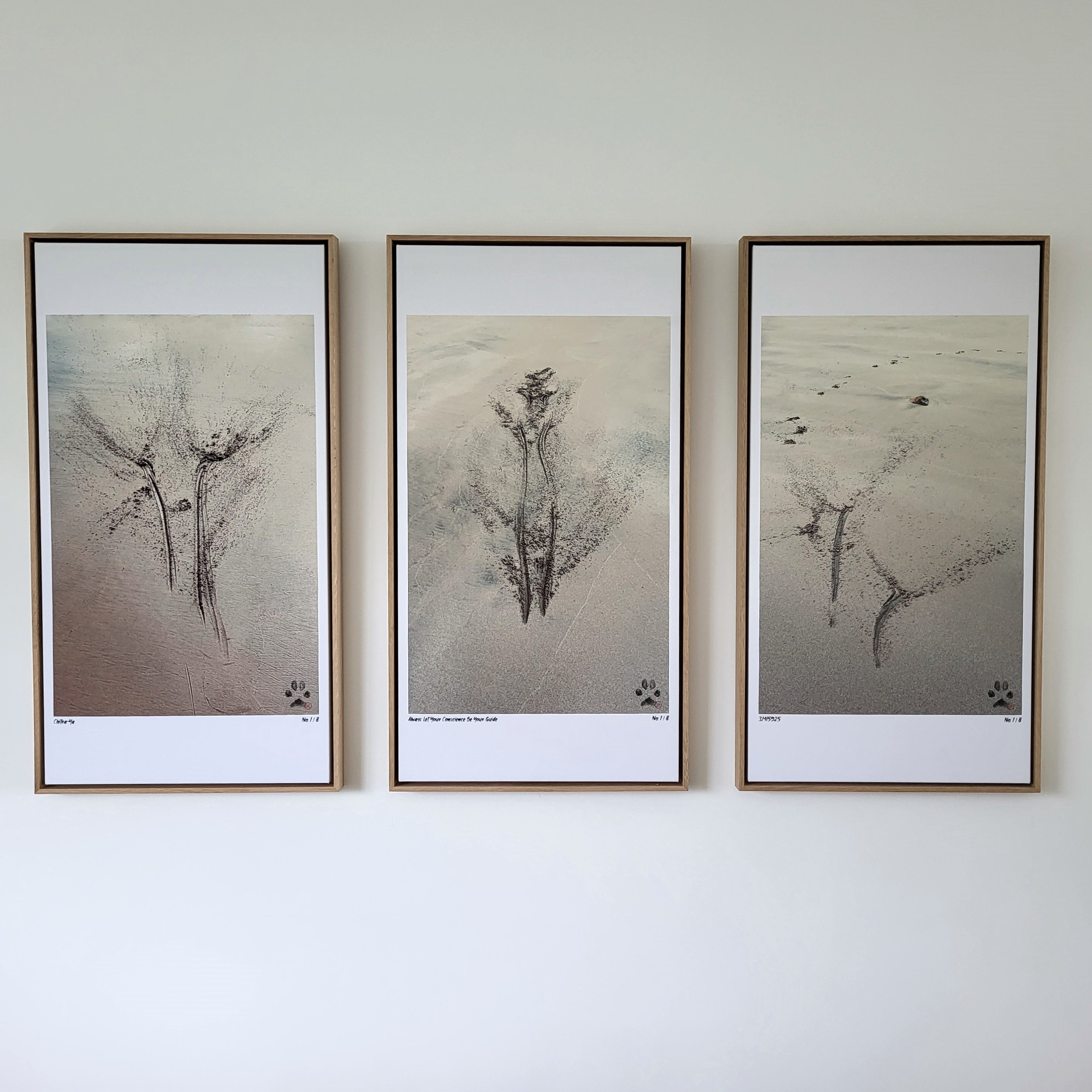 Limited edition framed prints by Kuro, set of three, archival canvas, natural wood frames