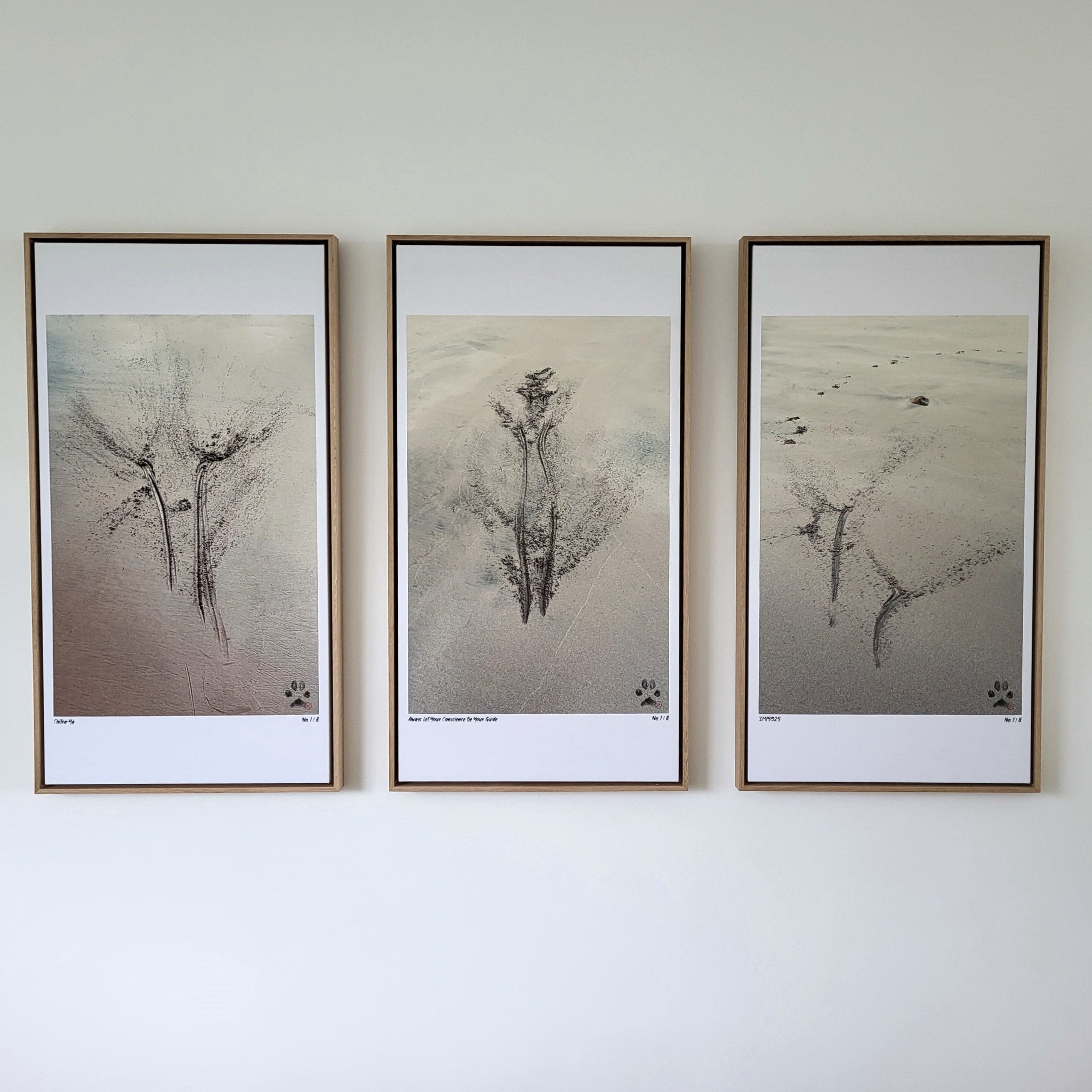 Limited edition framed prints by Kuro, set of three, archival canvas, natural wood frames