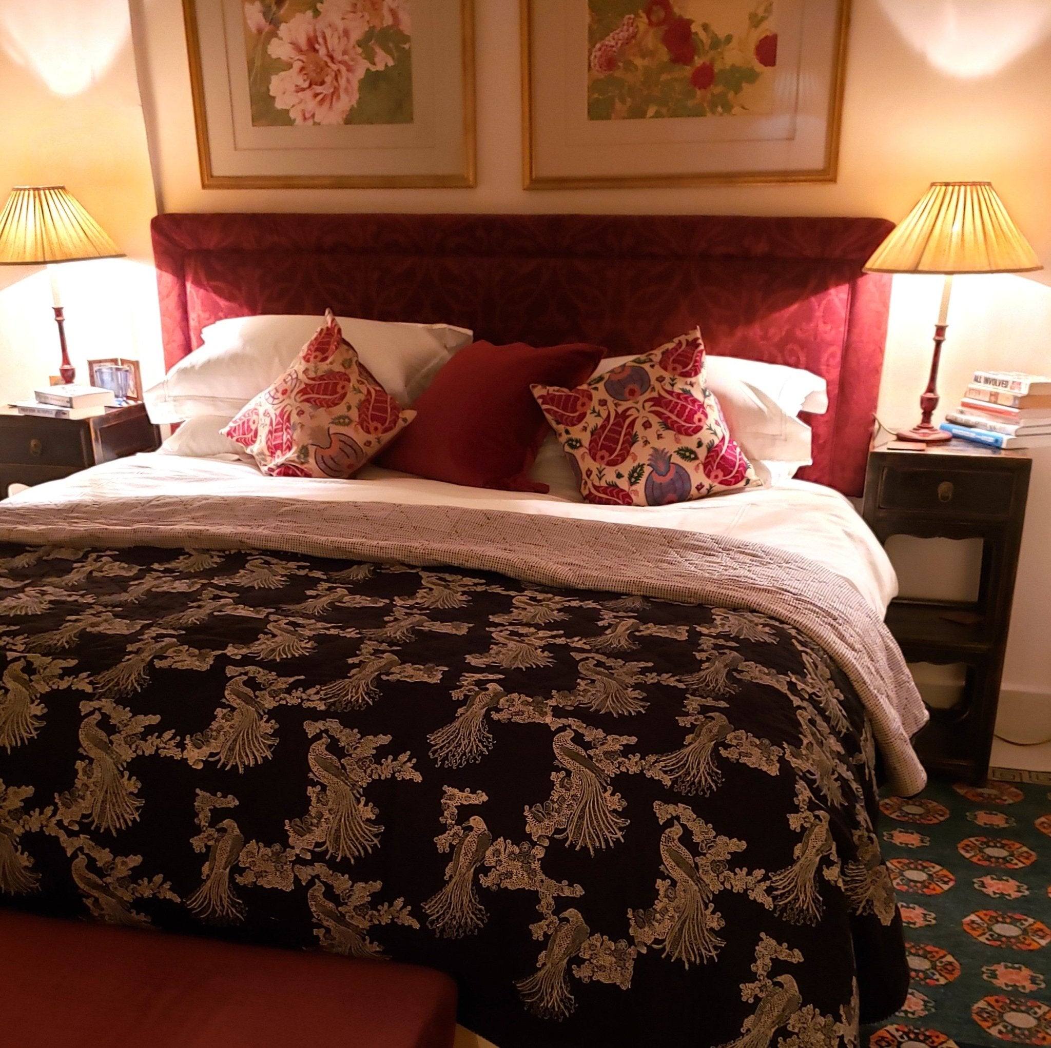 Birds of Paradise block-print quilt on black cotton
