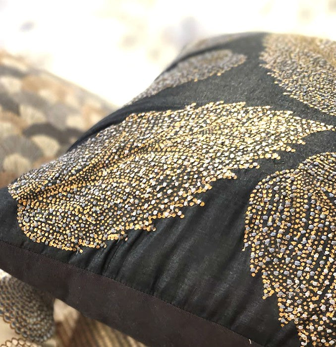 Birch Leaf embroidered cushion in blue-black, 45 x 45 cm, styled in a room
