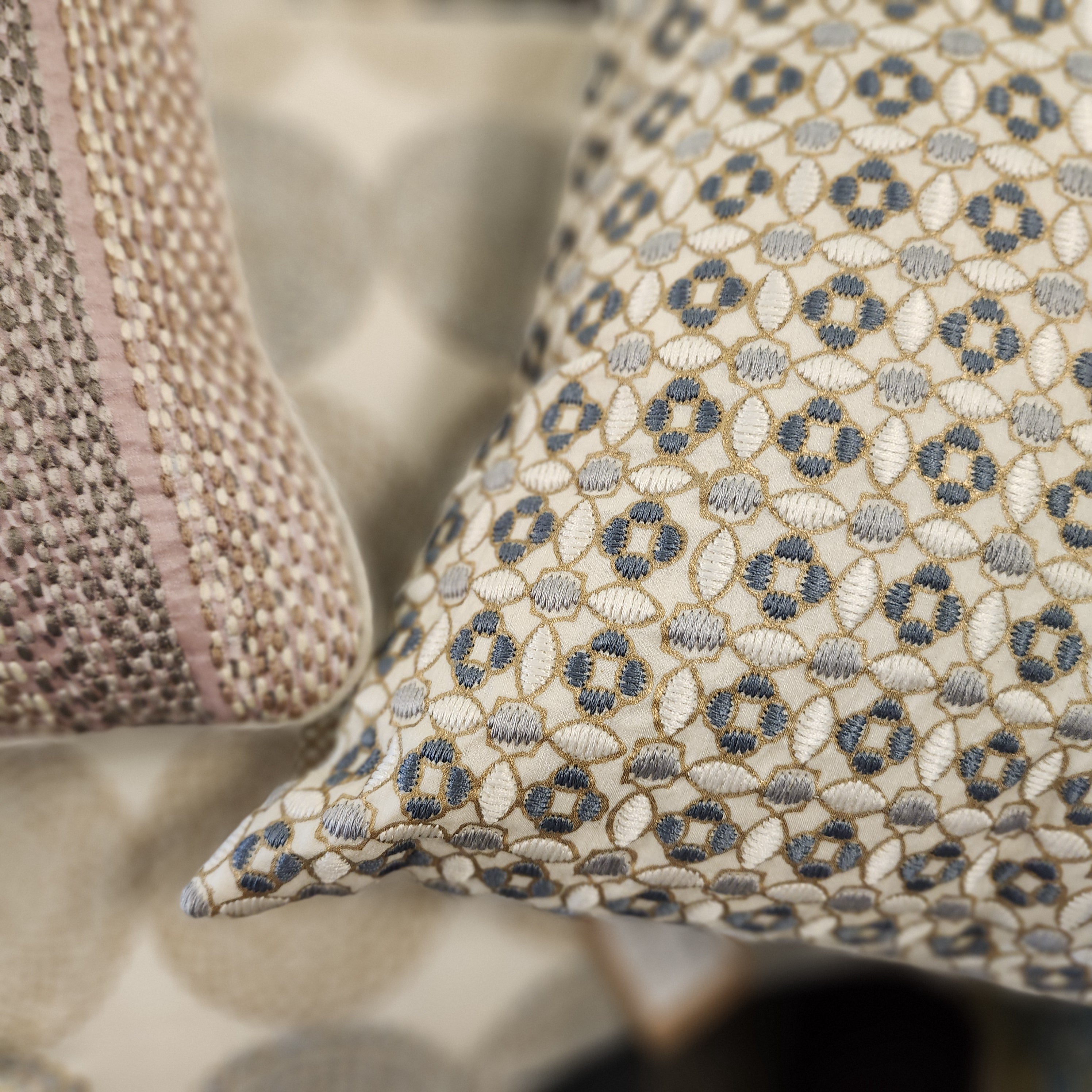 Crescent embroidered cushion styled in a room setting, 45 x 45 cm, cotton linen